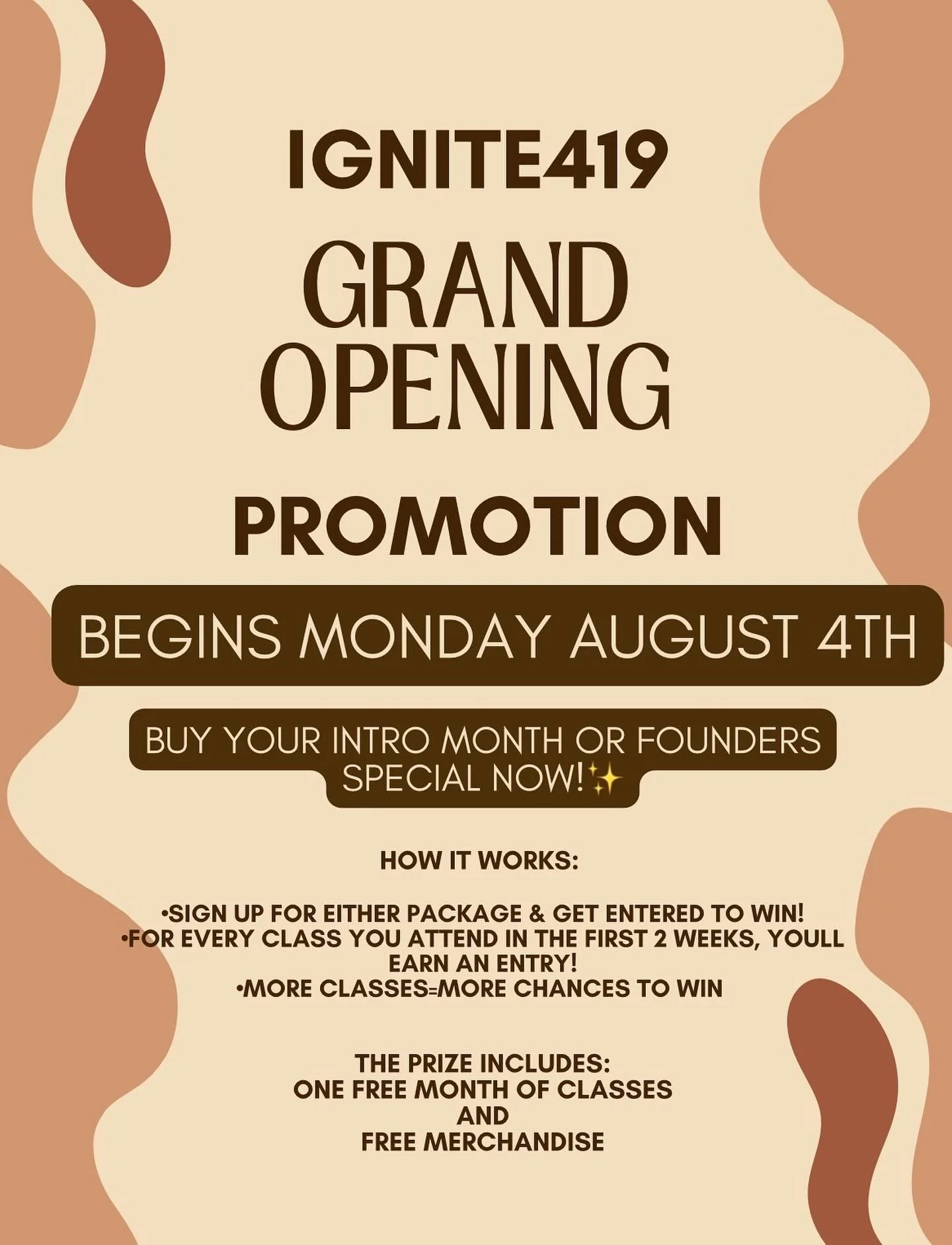 Ignite419 Grand Opening Promotion!

🌟 Join us as we celebrate the grand opening of Ignite419 on Monday, August 4th! 🌟

Kickstart your fitness journey with our special promotion:

✨ Intro Month &amp; Founders Special ✨ 
Sign up for either package an
