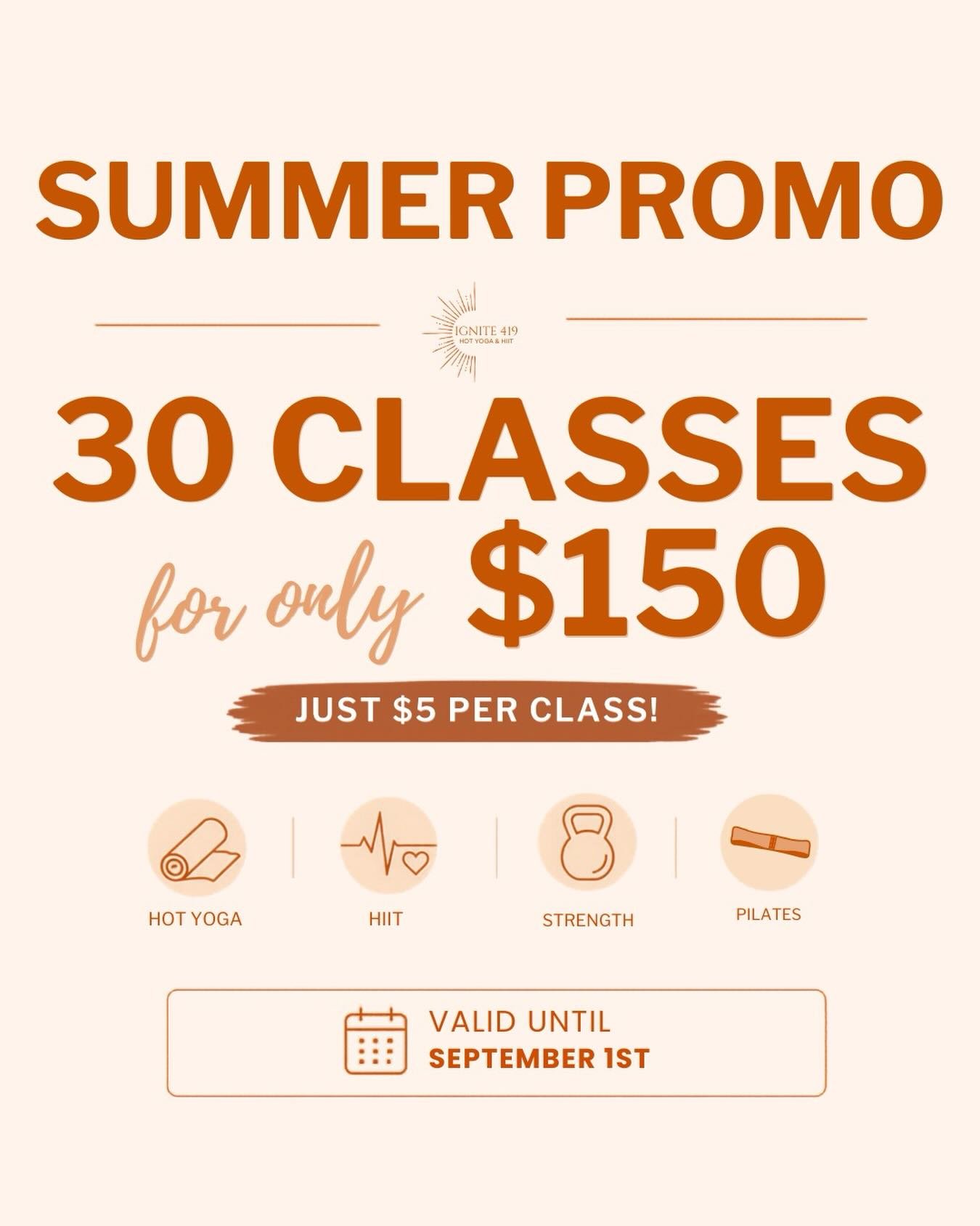 Let&rsquo;s ignite your summer! 🔥 We&rsquo;re heating things up this summer with our exclusive offer! Available on the app &amp; in the studio (multiple purchases allowed!) Use your classes before they expire on September 1st! See you soon☀️