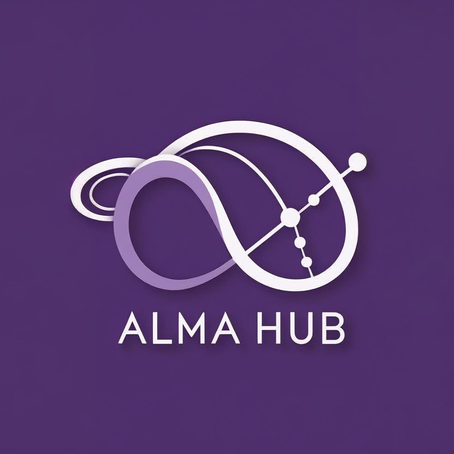Logotipo com elementos de ciência e tecnologia em tons de roxo e branco, com o texto 'ALMA HUB' abaixo.