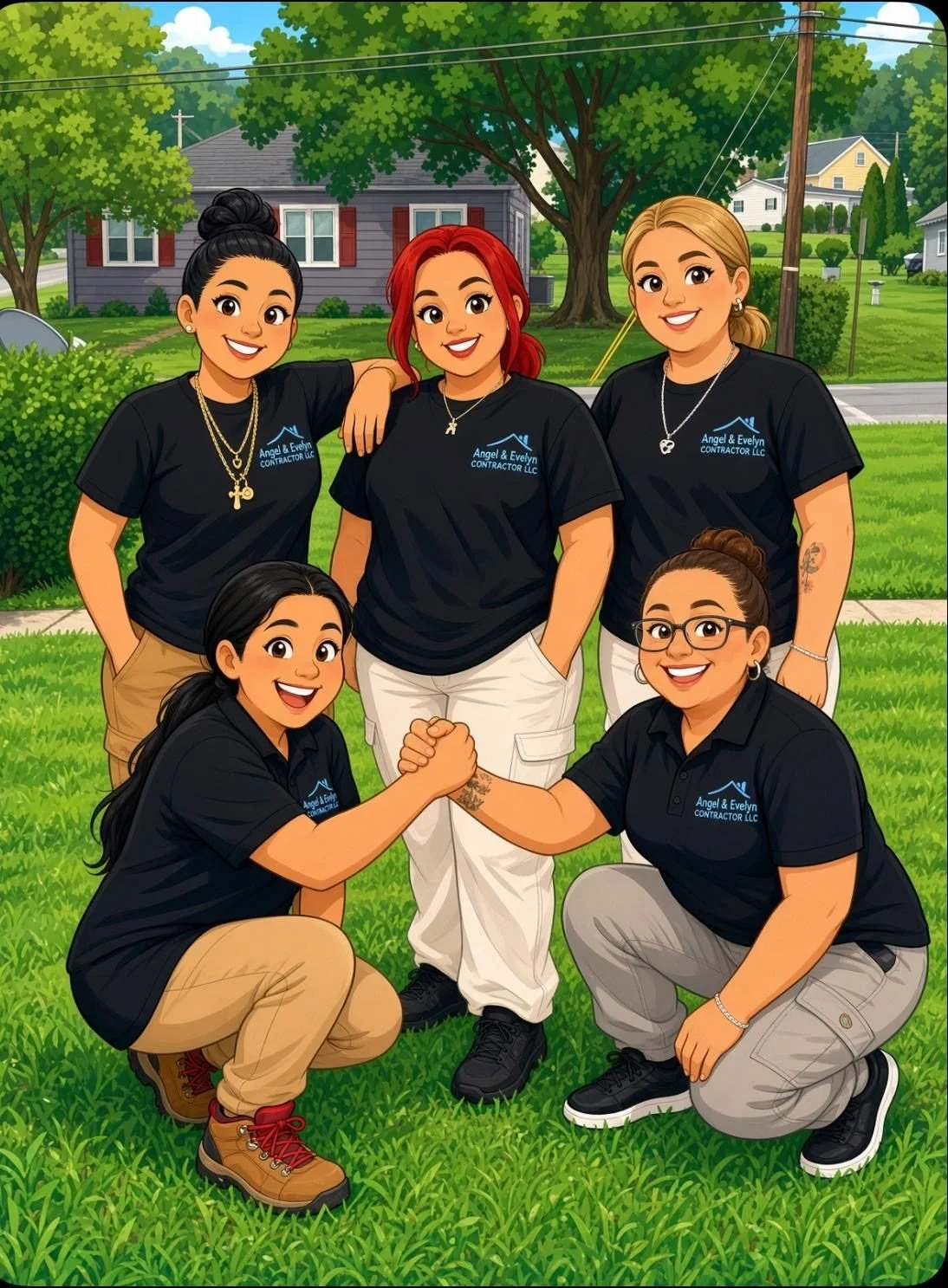 Illustration of the Angel & Evelyn crew in company shirts