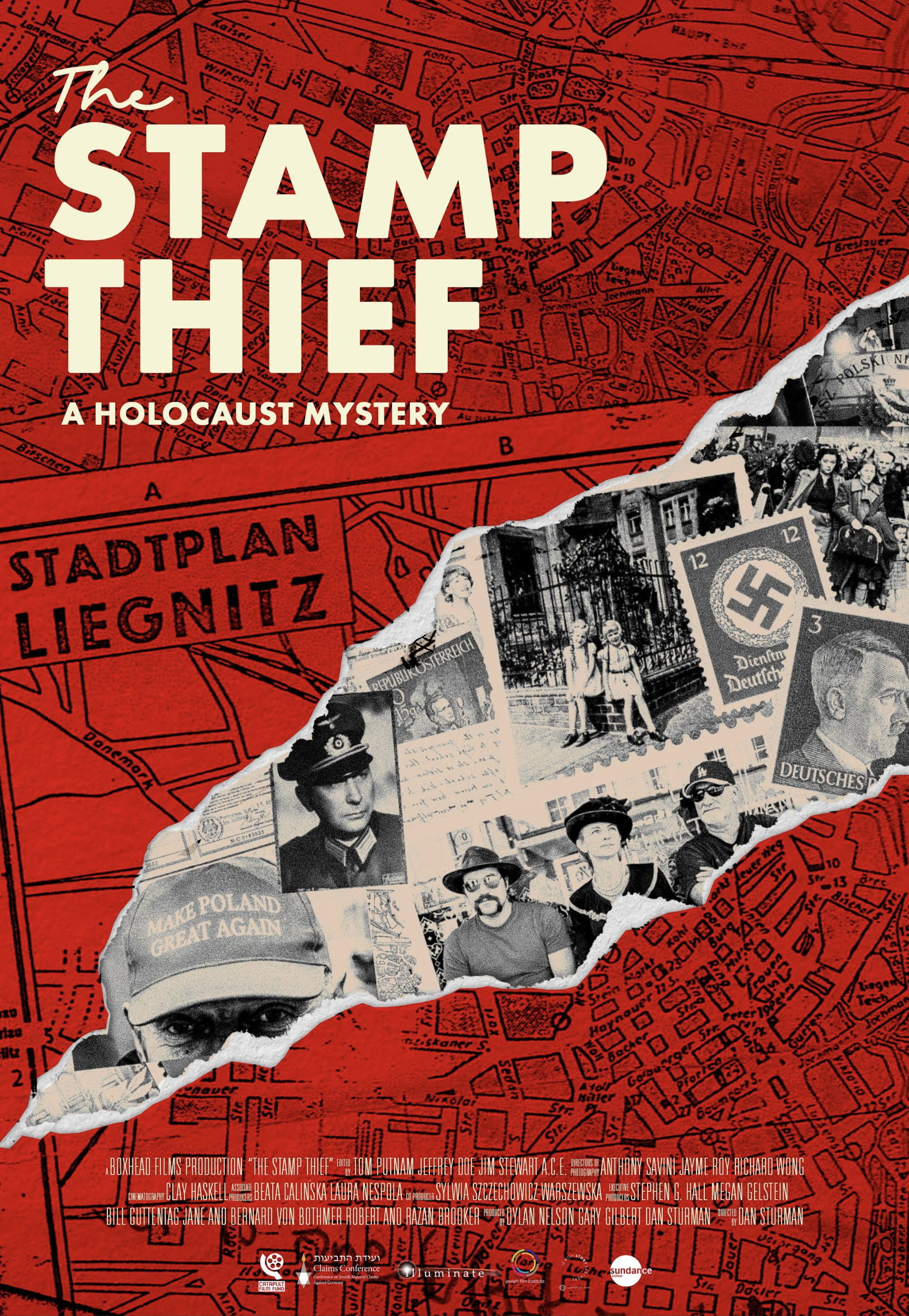 The Stamp Thief documentary poster is red and black and white collage of stamps, historical photos, and maps from WWII era in Poland