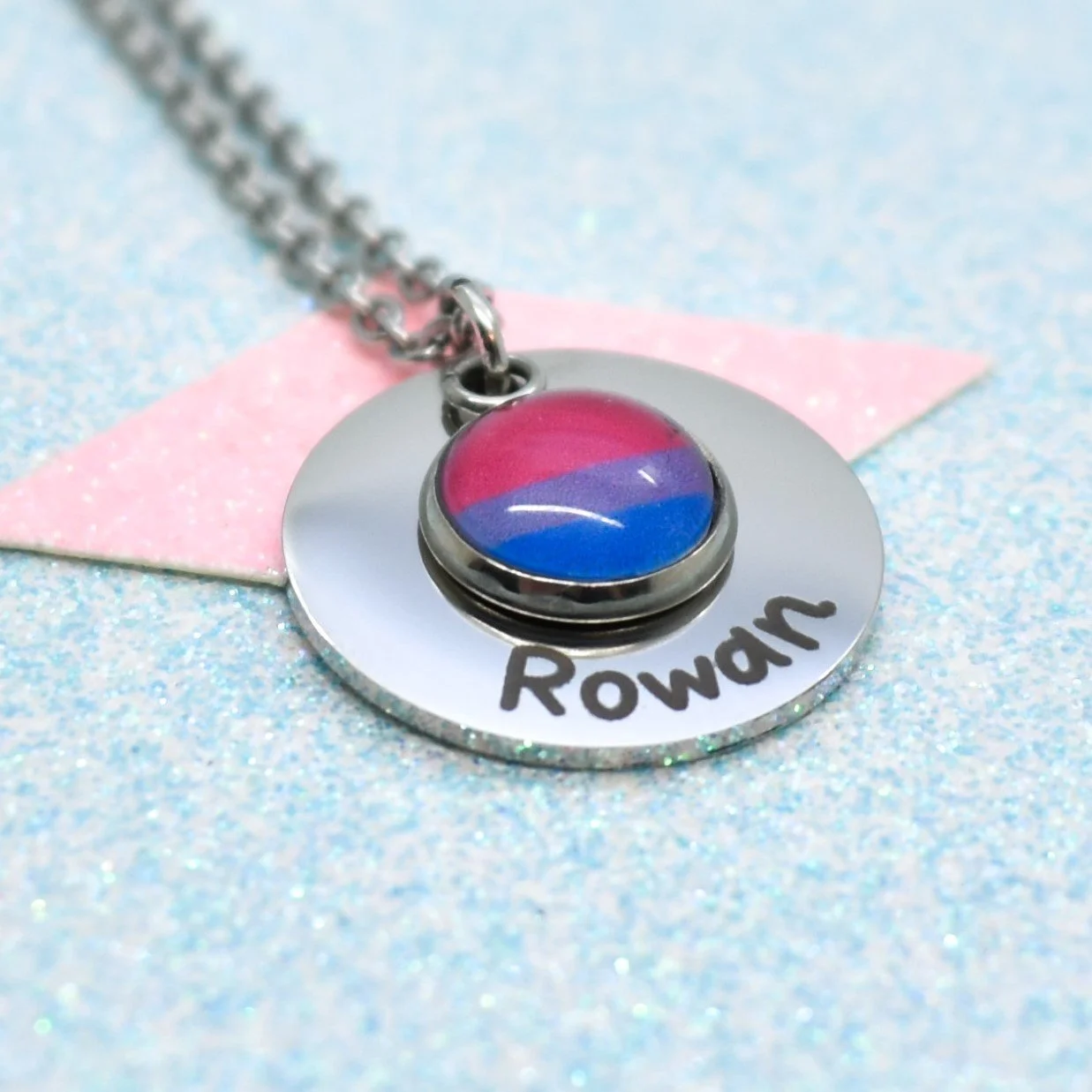 Personalised bisexual pride necklace with engraved name