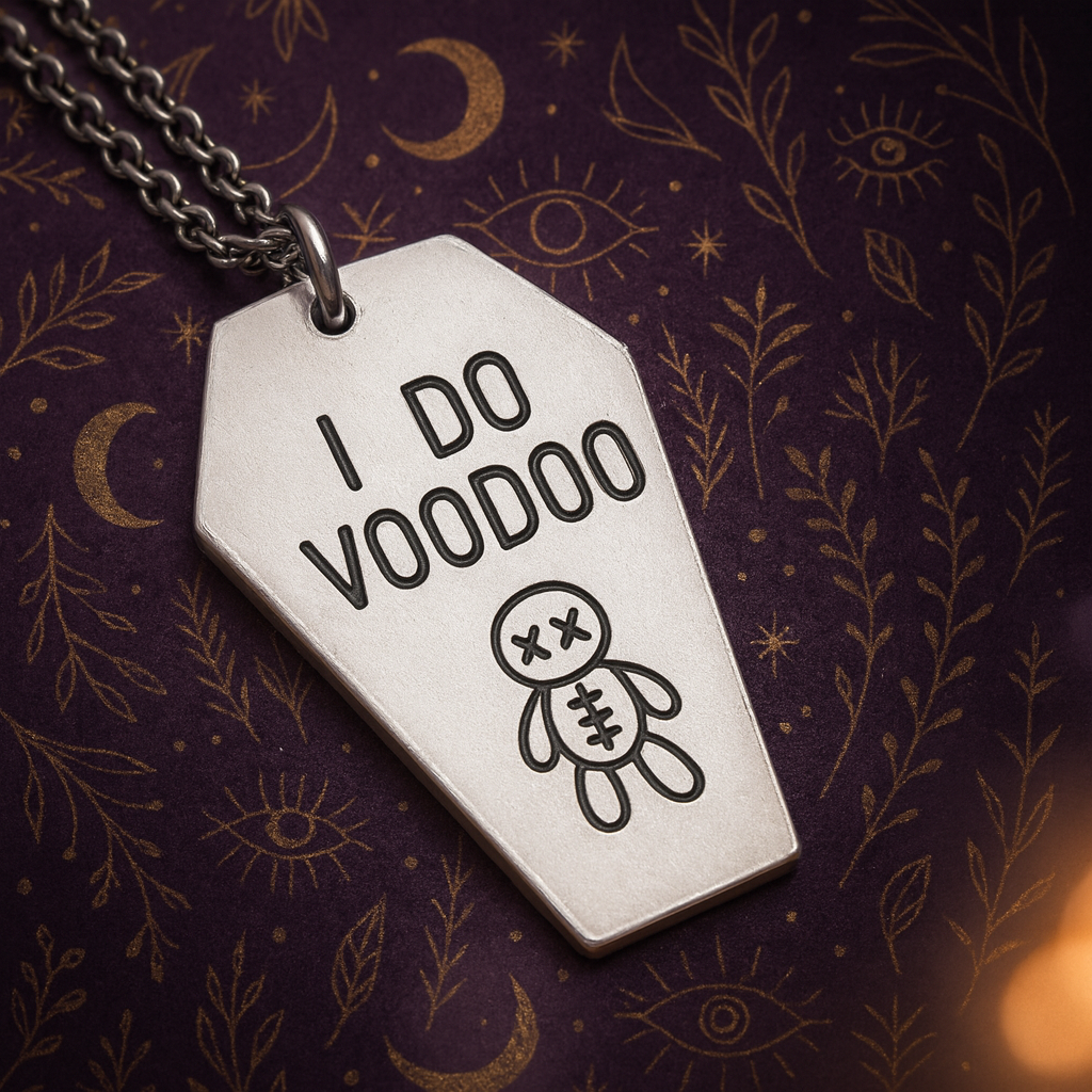 i do voodoo coffin necklace with voodoo doll gothic jewellery