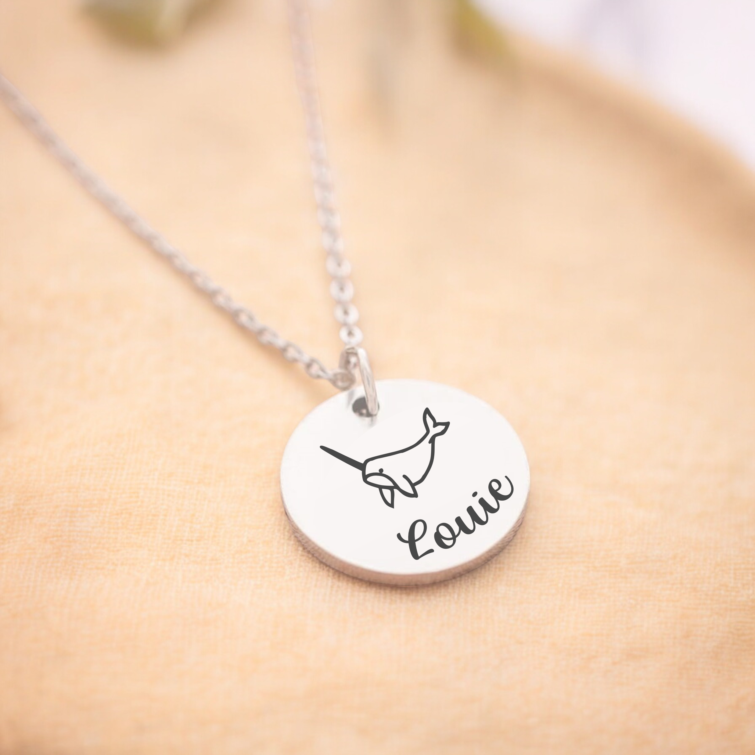 Ocean Wale Narwhal Necklace featuring personalisation, add a name or date of your choice