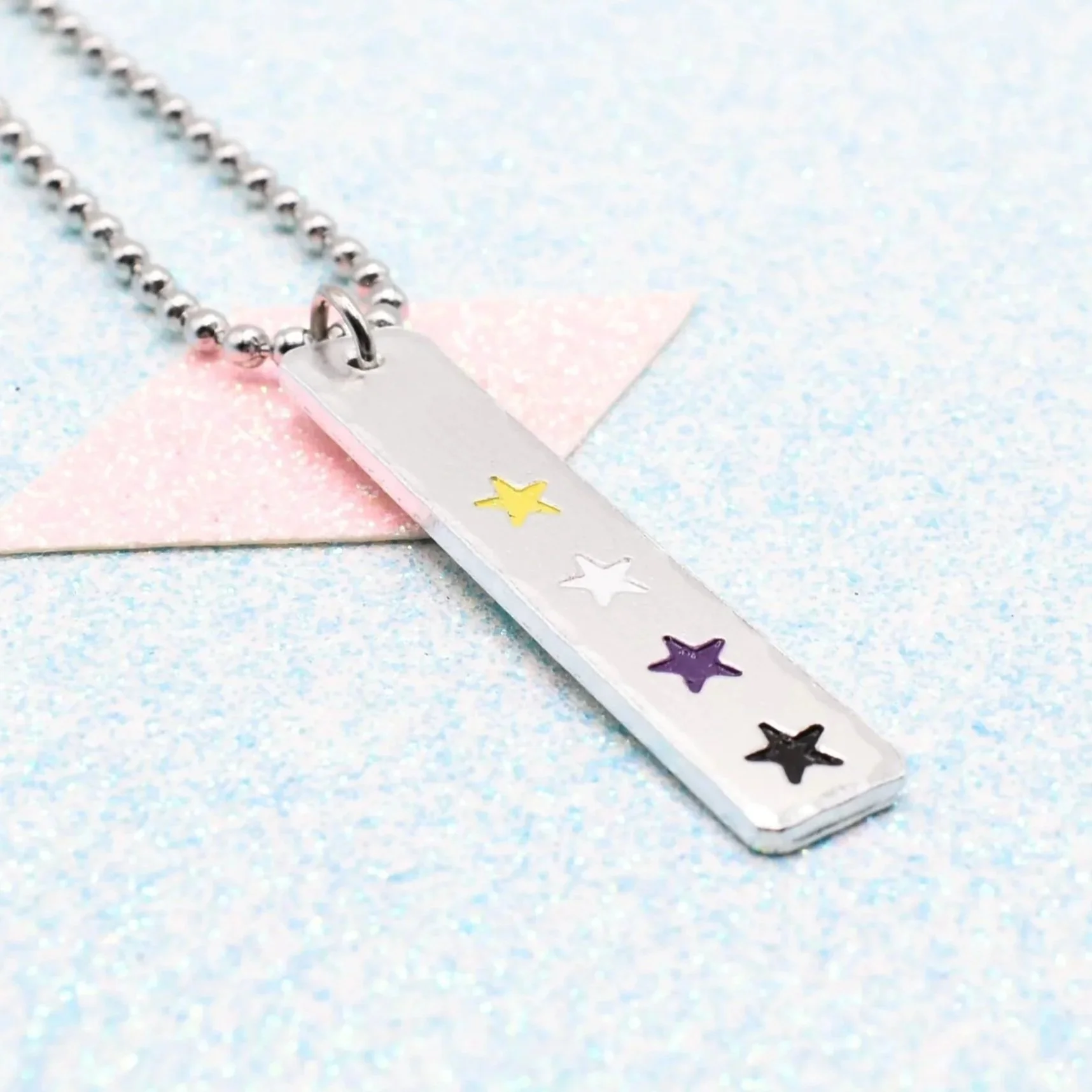 Vertical bar necklace with non-binary flag enamel stars yellow white purple black