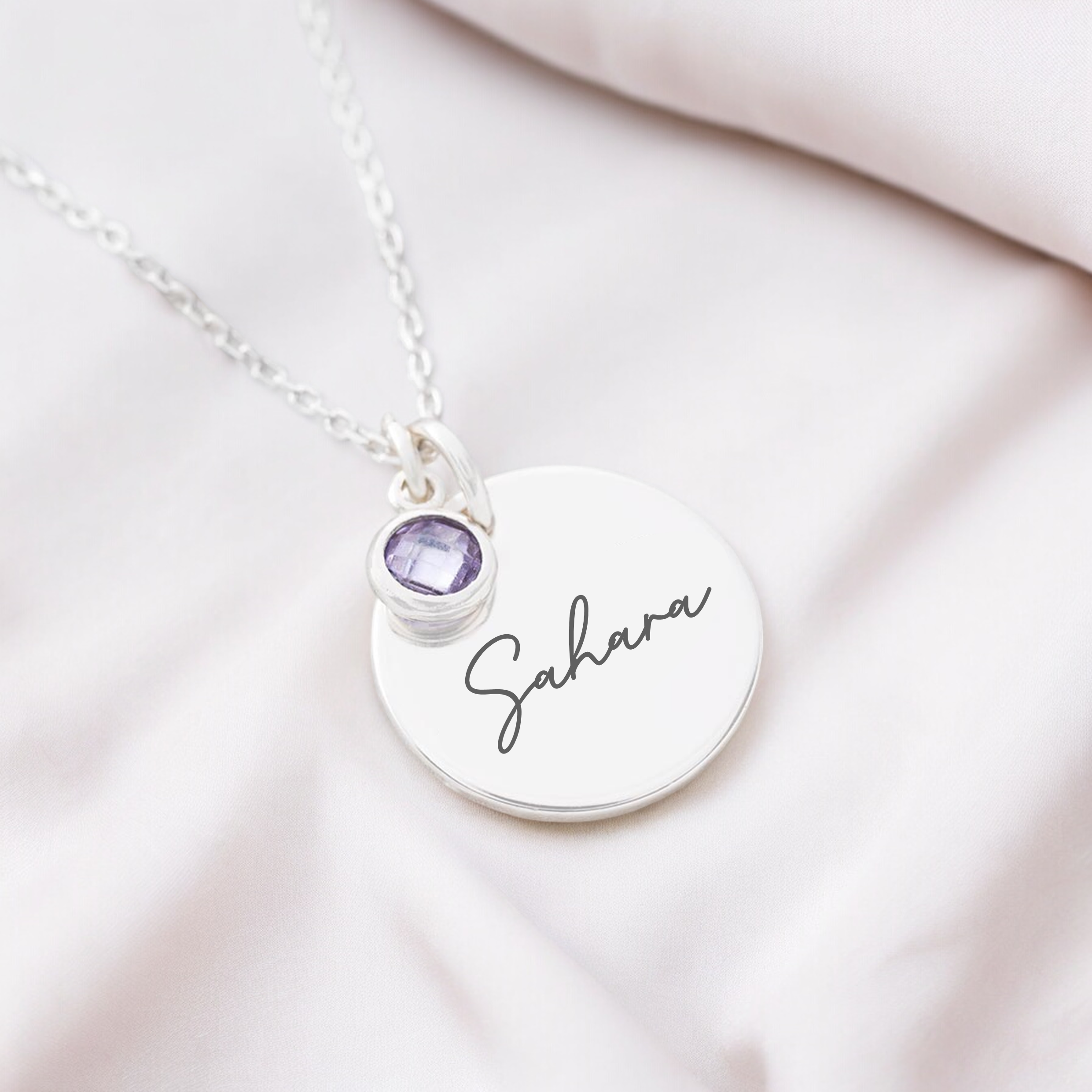 Custom engraved name jewellery with gemstone accent