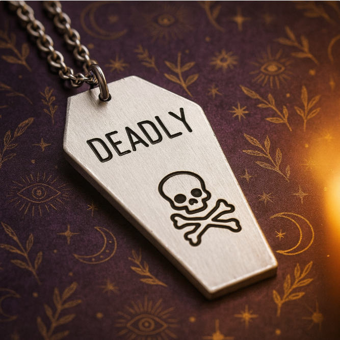 deadly coffin necklace with skull and crossbones gothic jewellery