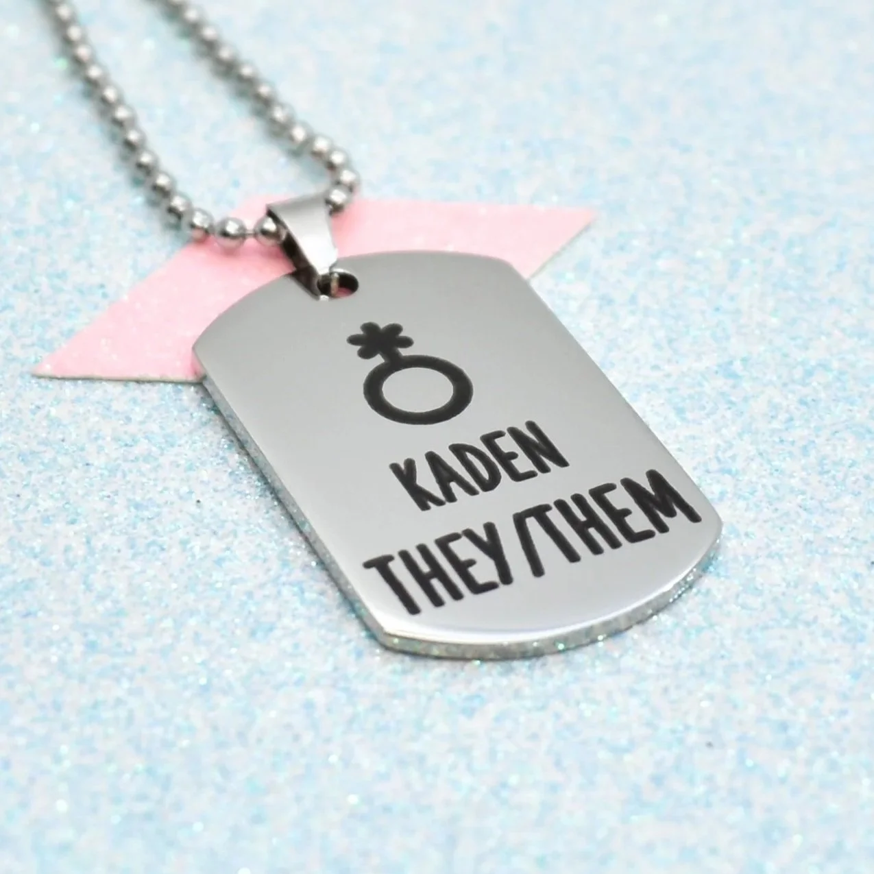 Custom non-binary pronoun necklace with name engraving