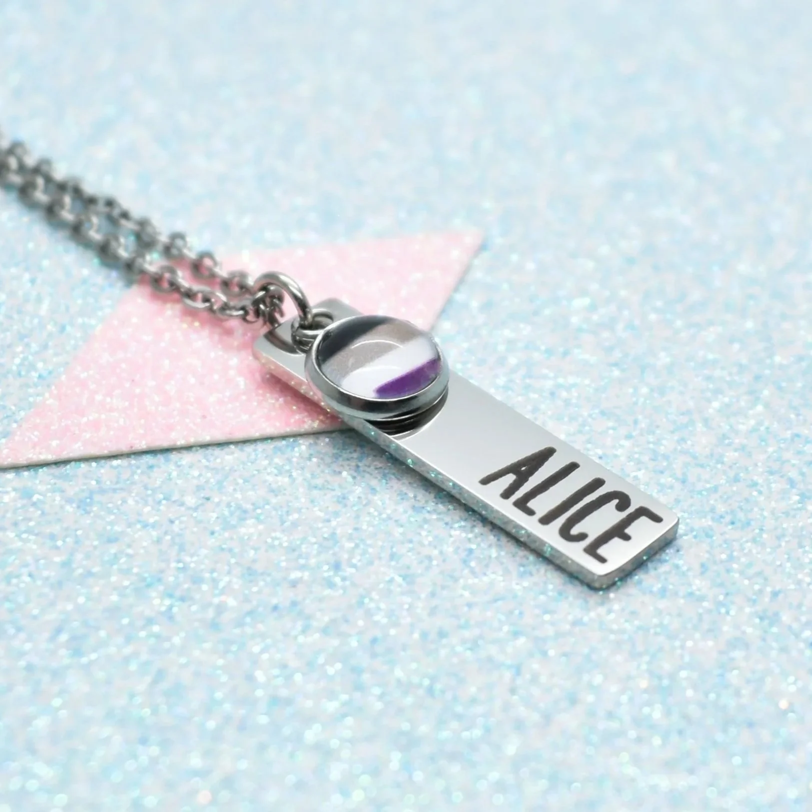 Asexual flag pendant on silver bar necklace
