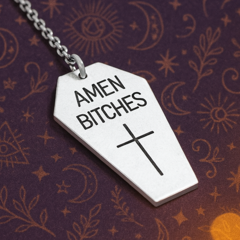 amen bitches coffin pendant necklace with crucifix