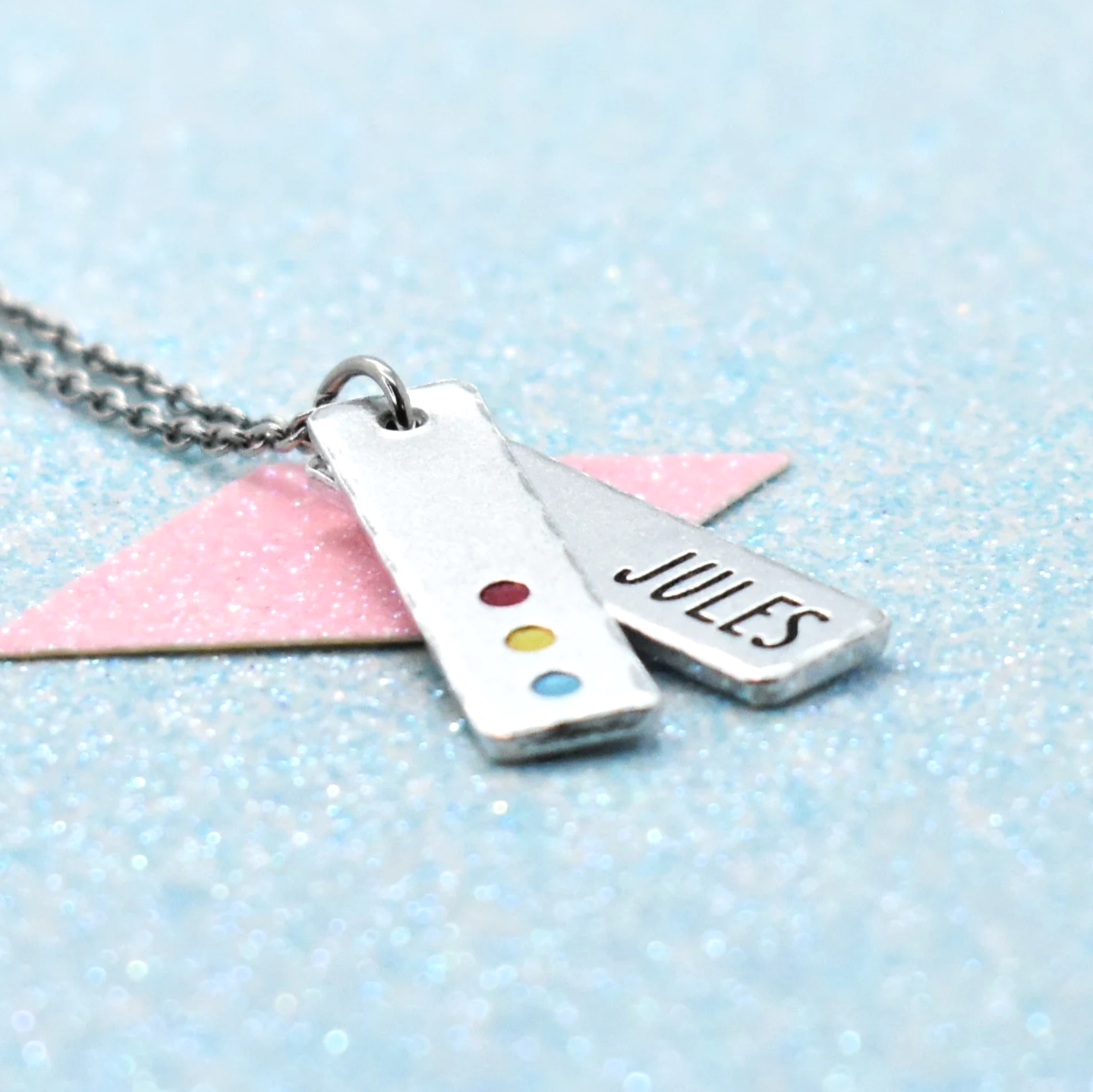 "Custom pansexual necklace with name engraving and pride colours"