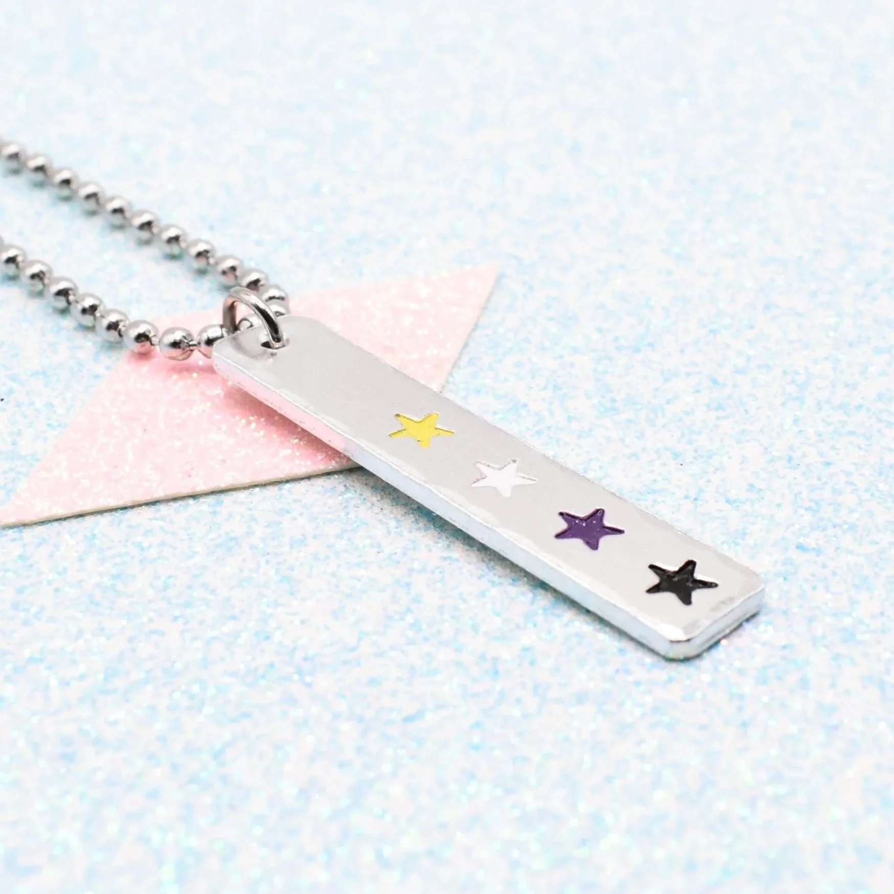 Hand stamped enamelled non-binary pride necklace with star pendant