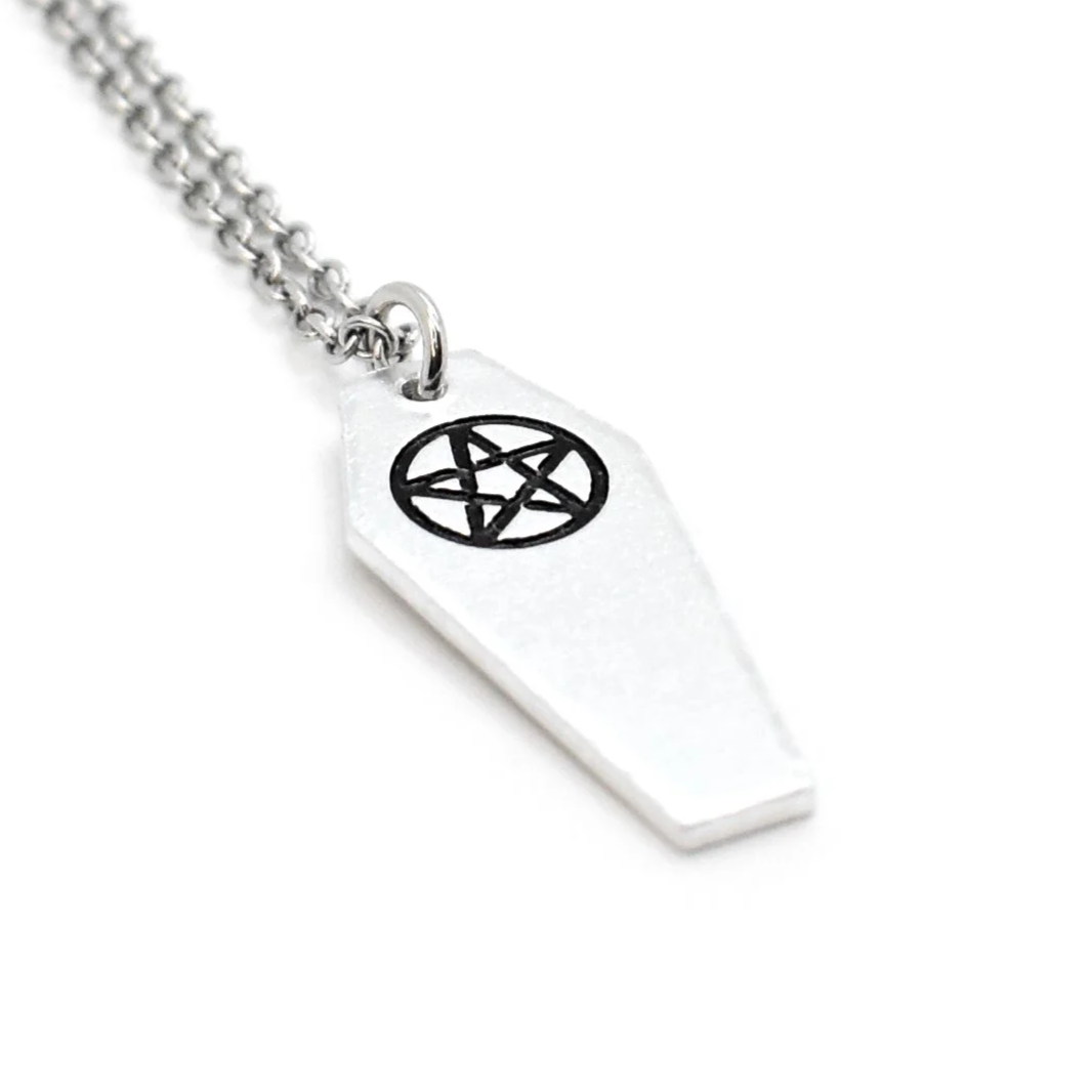 coffin pendant necklace engraved with pentagram amulet