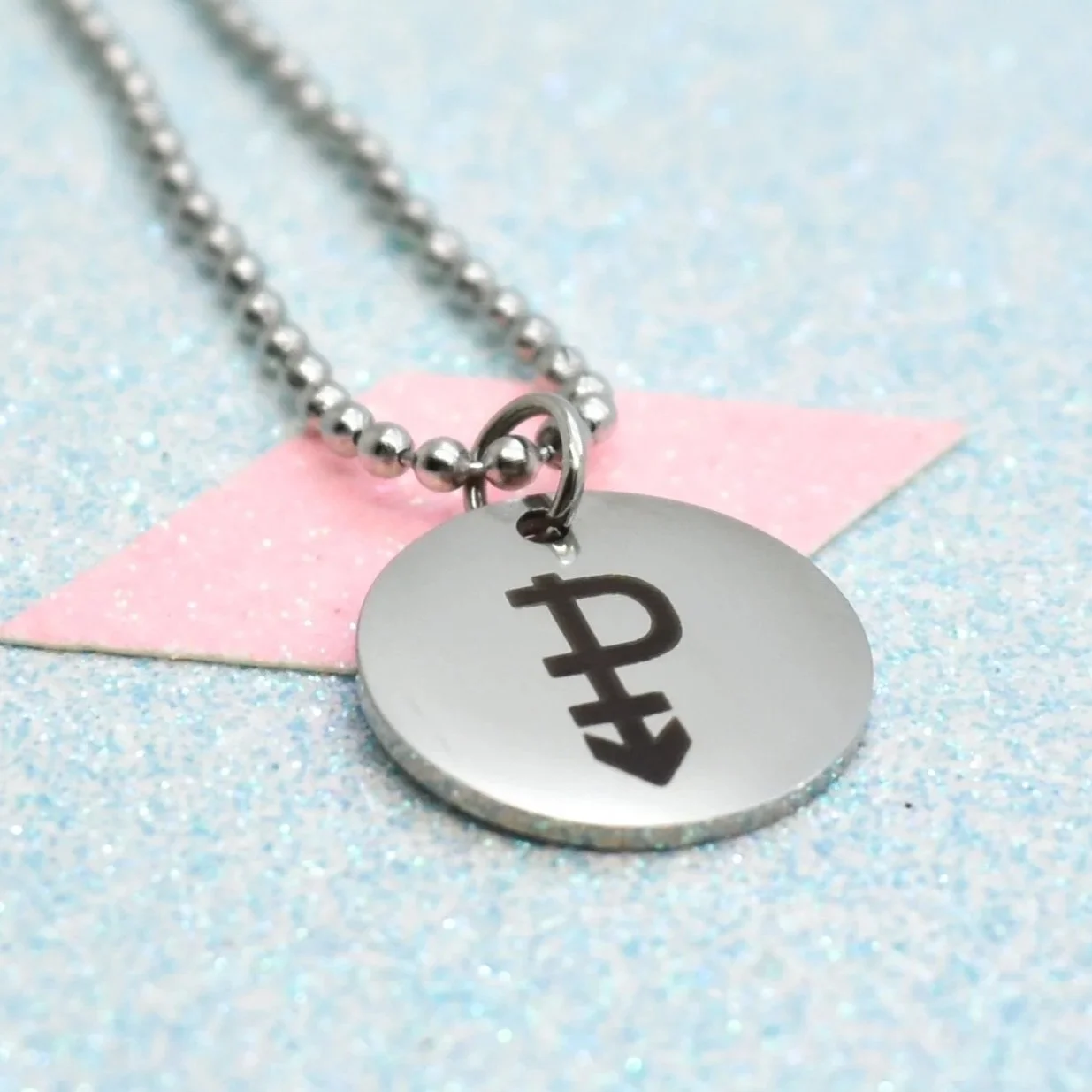 Pansexual necklace with engraved pan pride symbol on silver chain