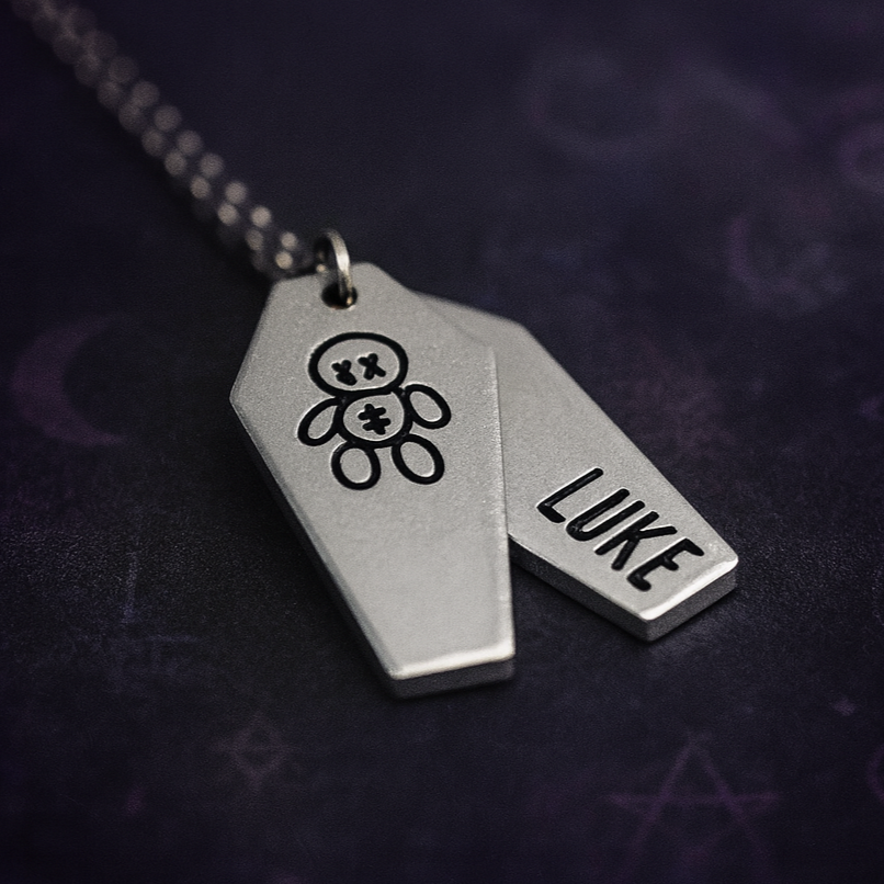 personalised voodoo doll coffin necklace layered gothic jewellery
