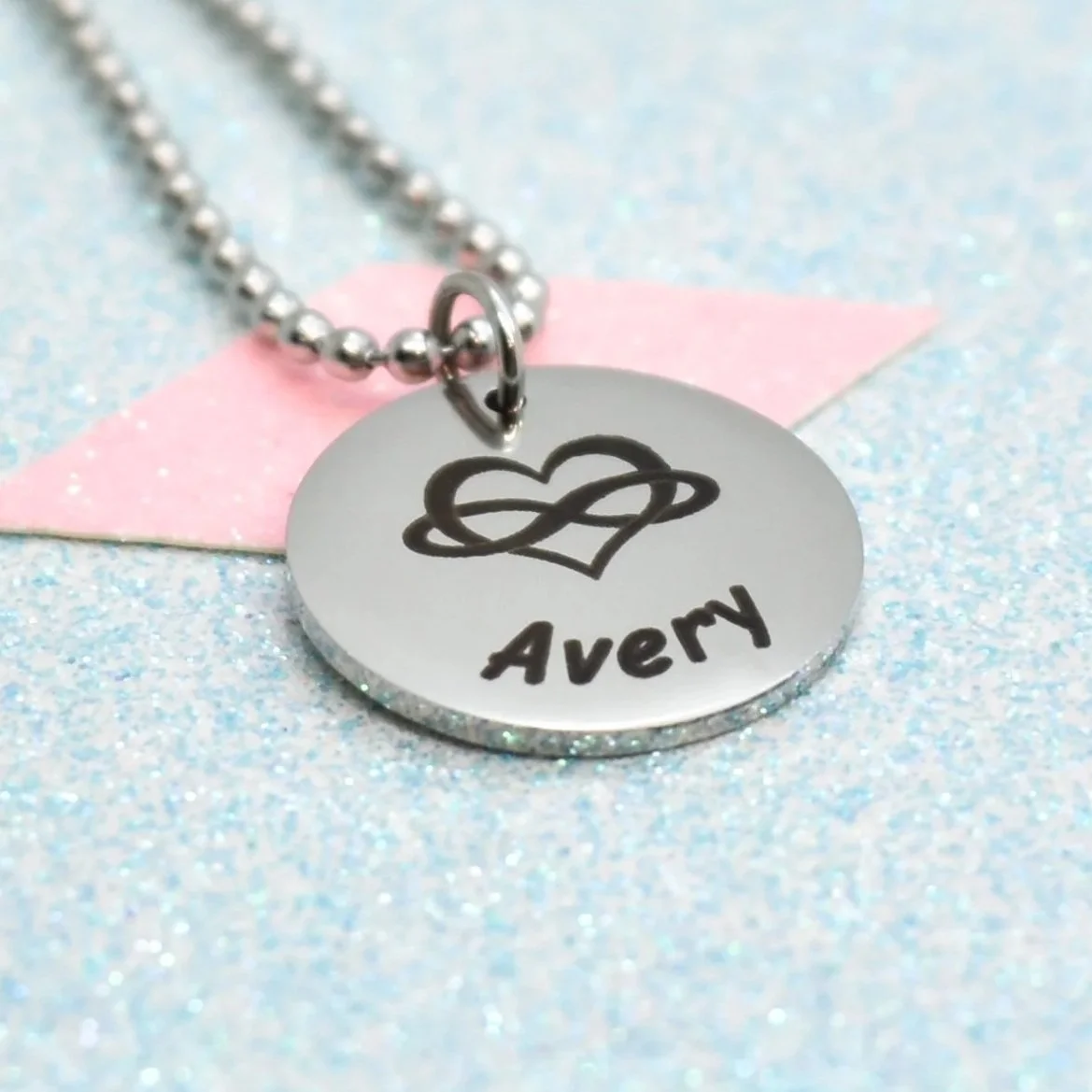 Engraved polyamory pride necklace with infinity heart and custom name
