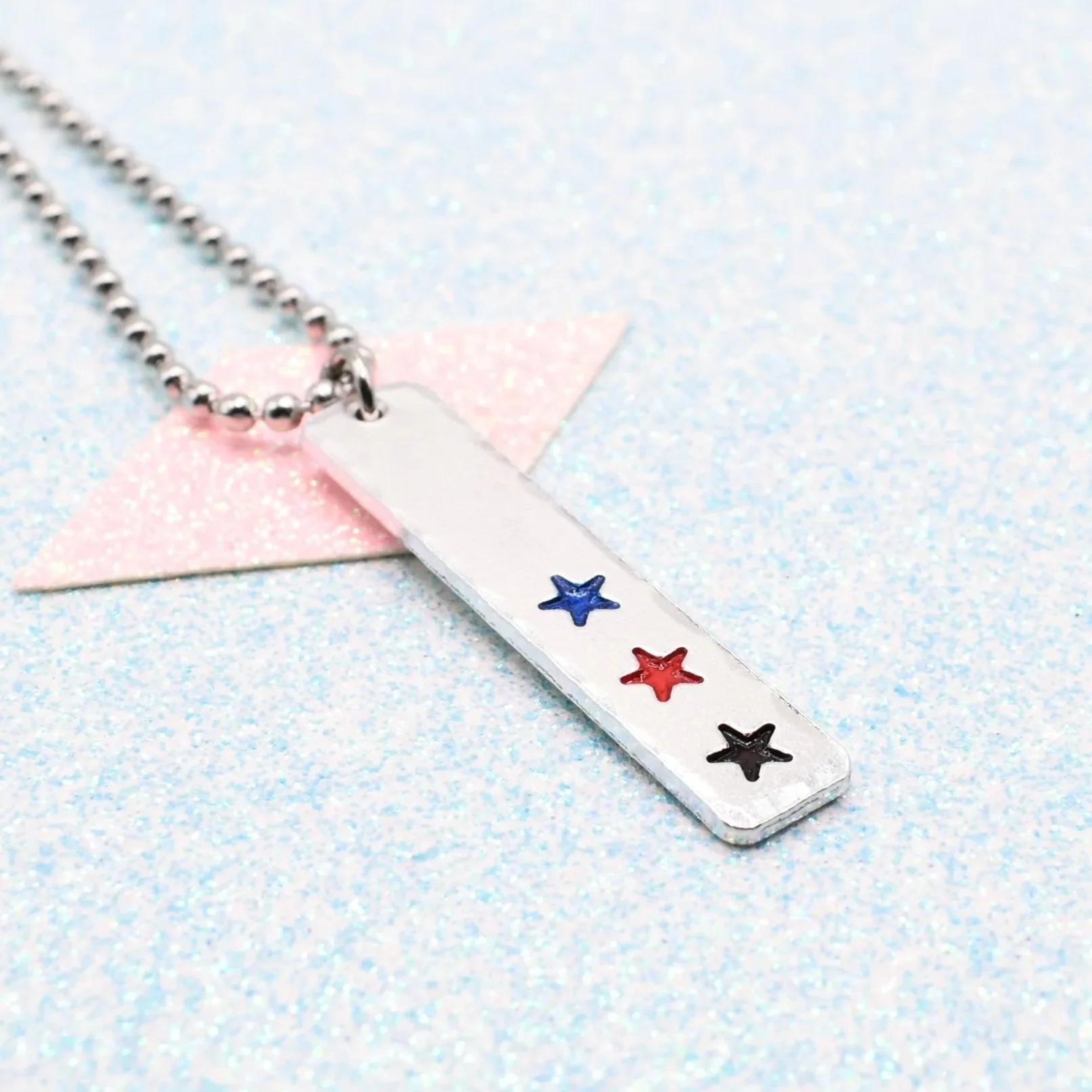 Vertical bar necklace with polyamory flag enamel stars in blue red black
