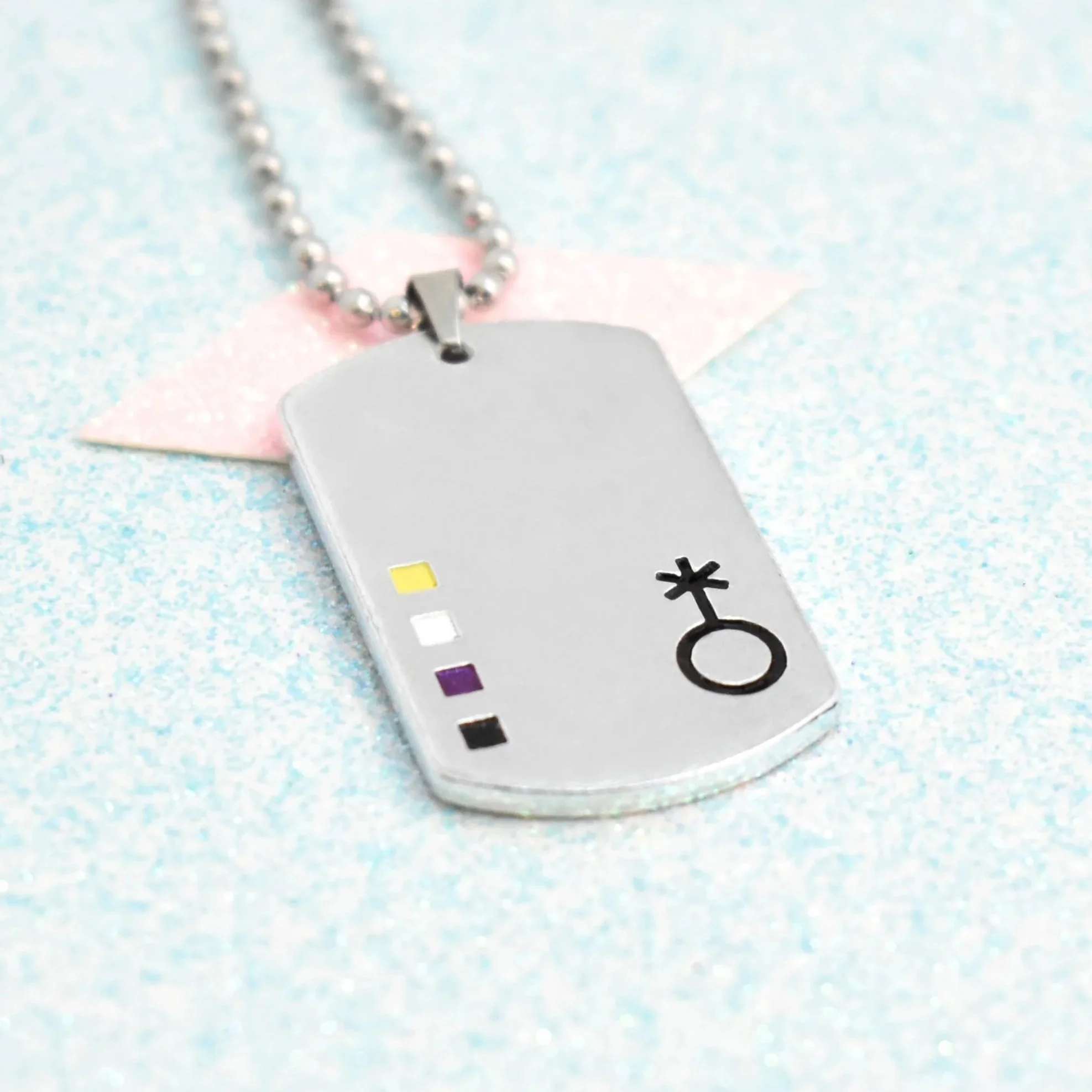 Non-binary pride necklace dog tag pendant and enamel flag accents