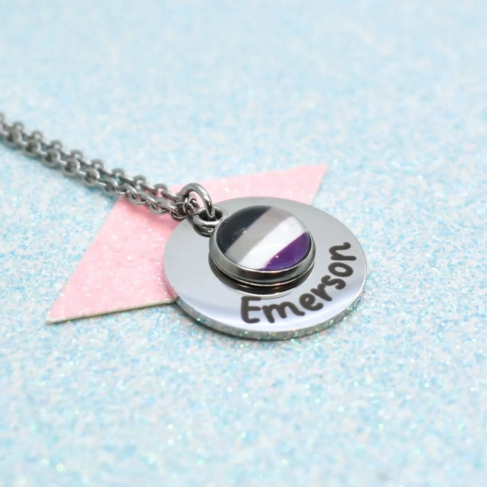 Silver custom asexual necklace with black, grey, white, and purple flag
