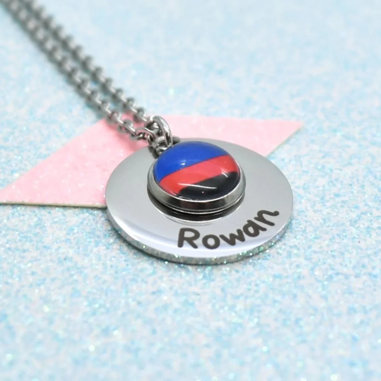 Personalised polyamory pride necklace with engraved name