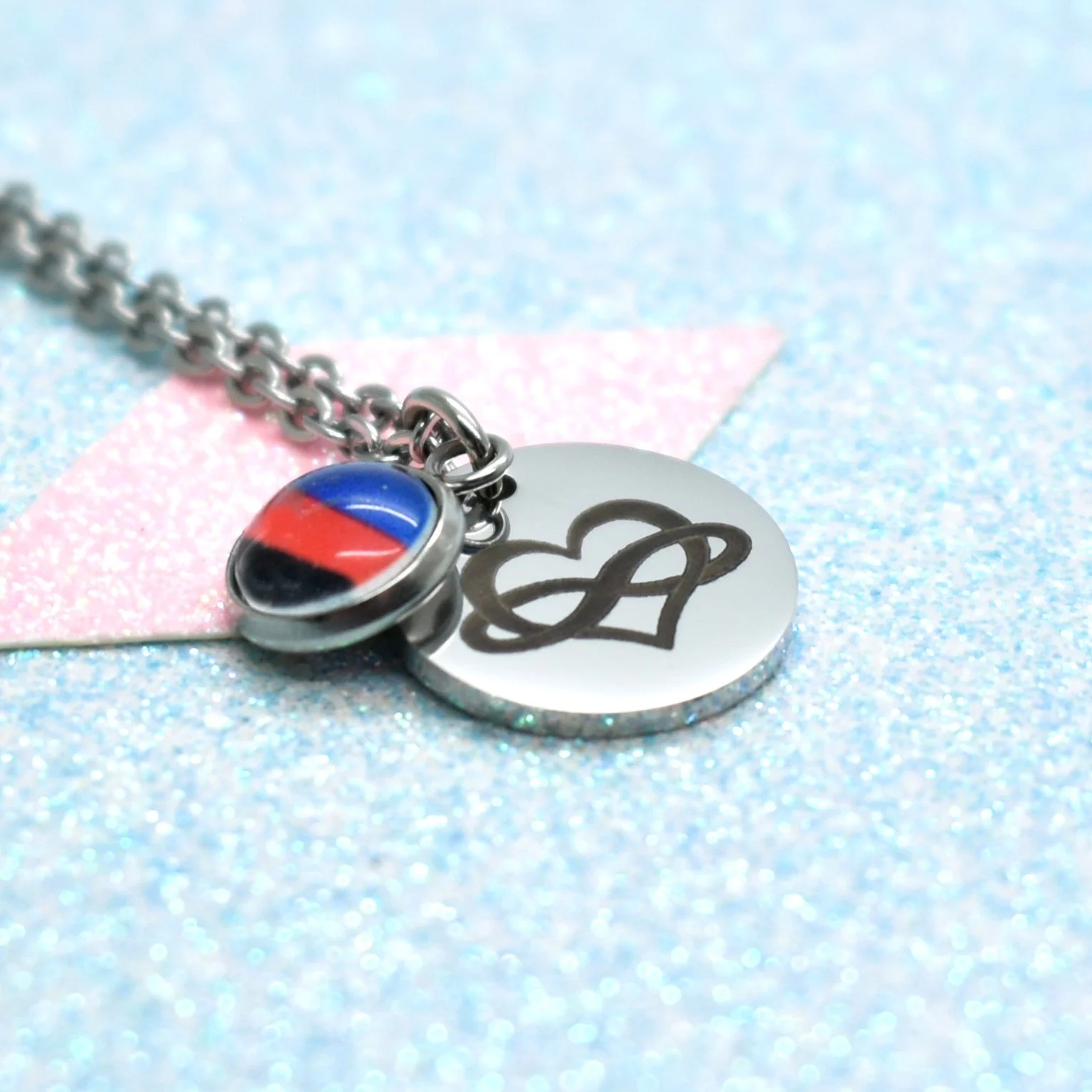 polyamory pride necklace with infinity heart