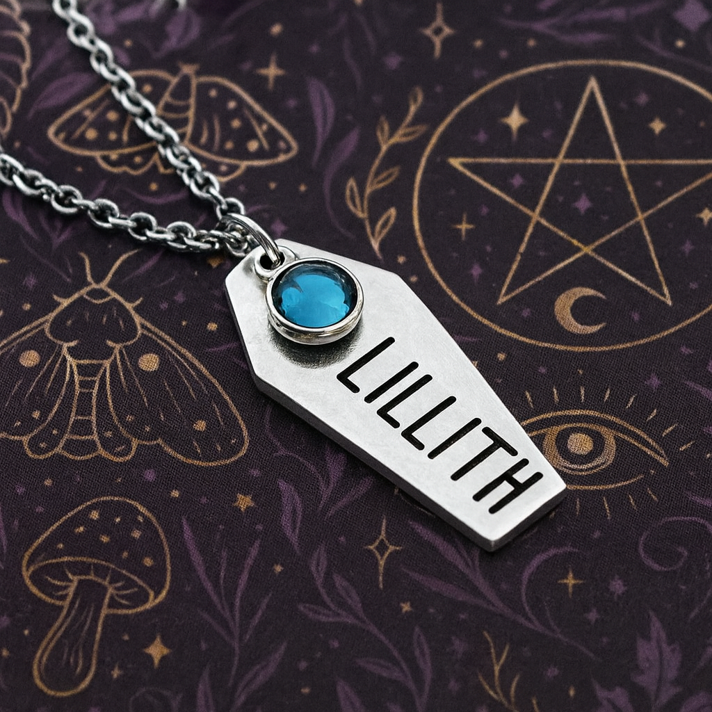 personalised coffin necklace with name engraving and birthstone