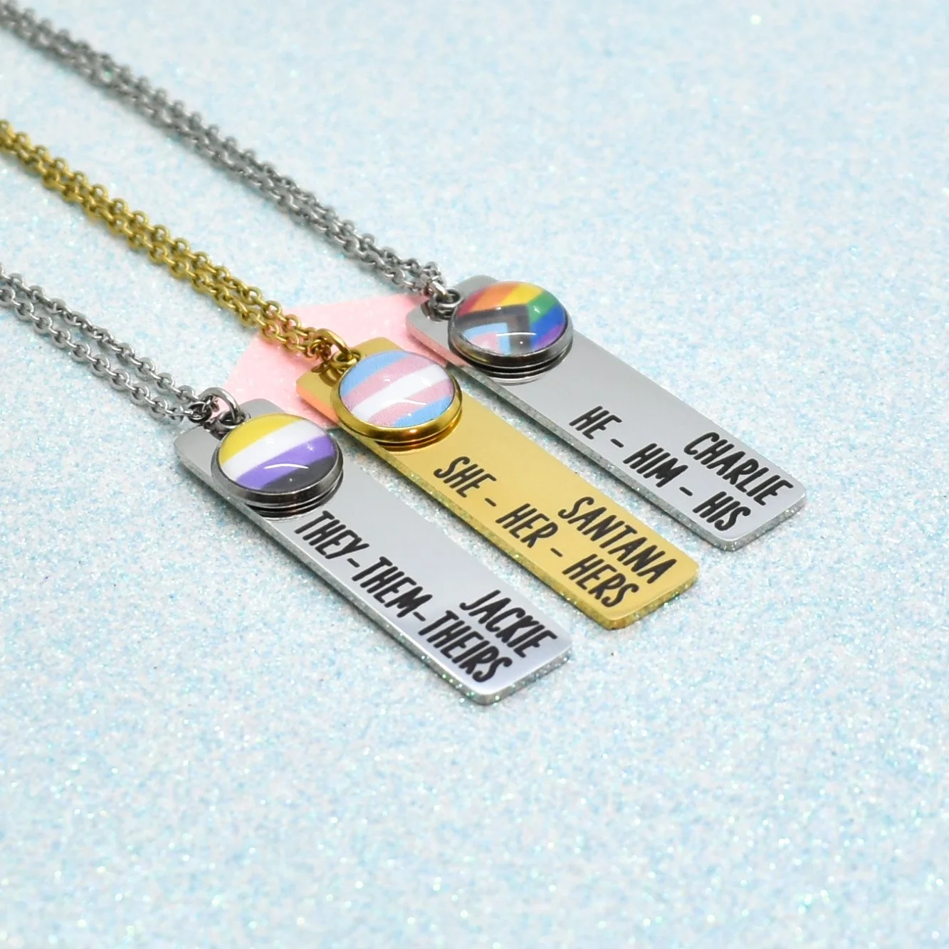 LGBTQ+ Pride Flag Necklace with Custom Pronouns and Name – Personalised Gift for Pride
