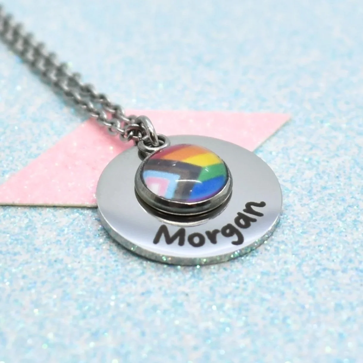 Personalised progress pride necklace with engraved name