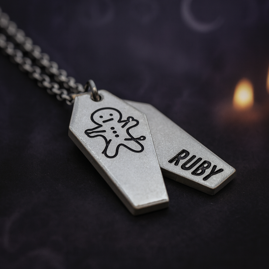 personalised voodoo doll coffin necklace with pins gothic jewellery