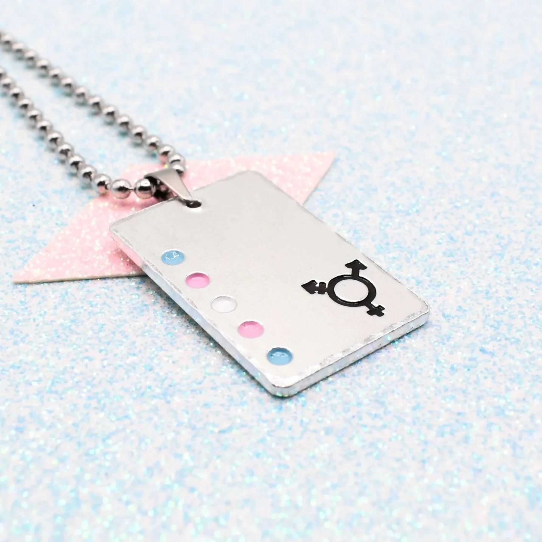 Transgender pride flag necklace with hand stamped symbol