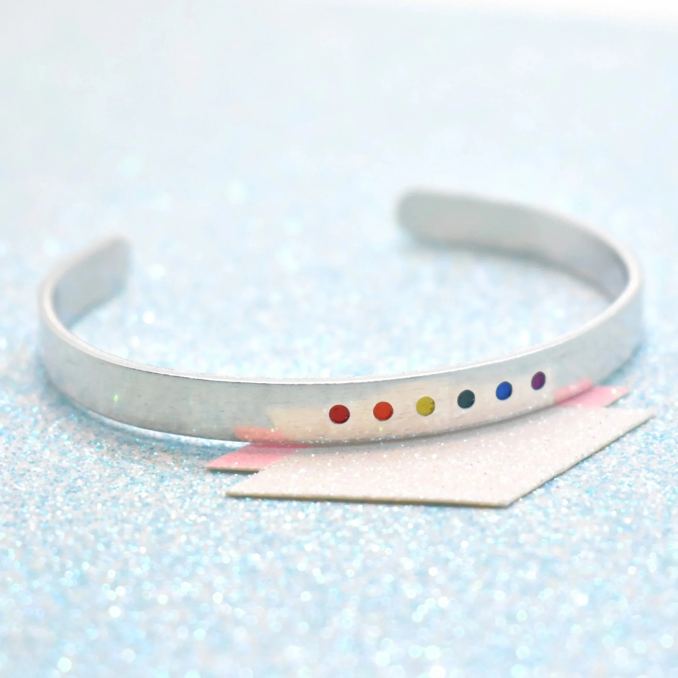 LGBTQ+ pride jewellery – minimalist rainbow cuff bracelet in silver