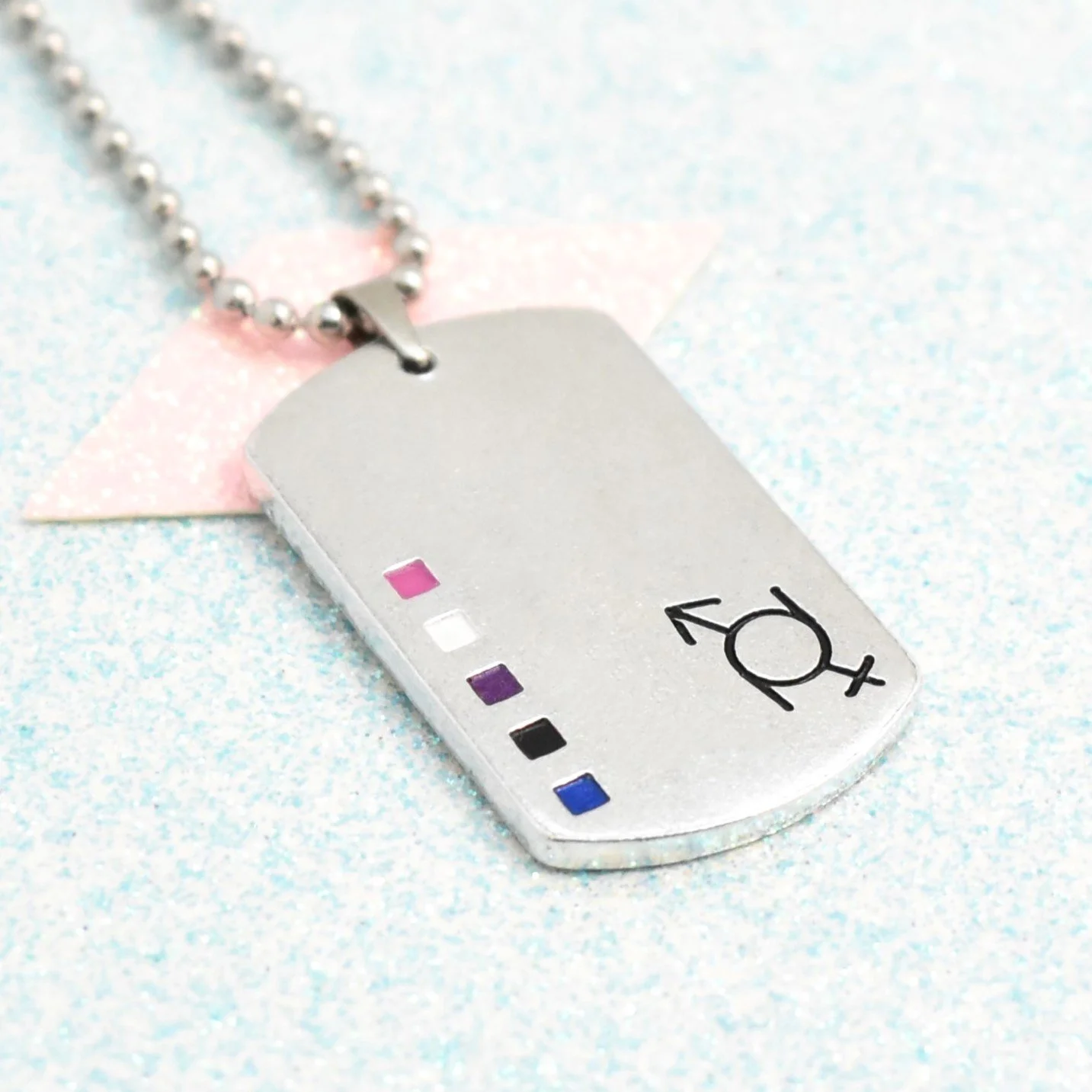 Genderfluid pride necklace with dog tag pendant and enamel flag accents