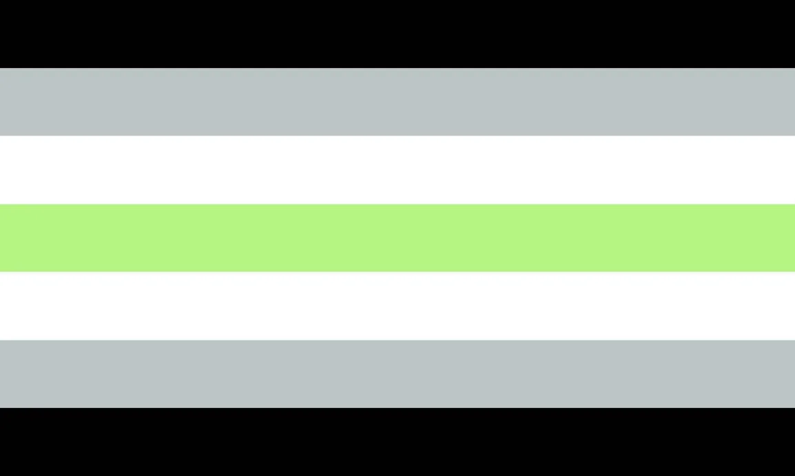 Agender pride flag featuring Horizontal stripes in black, light gray, white, bright green, white, light gray, black