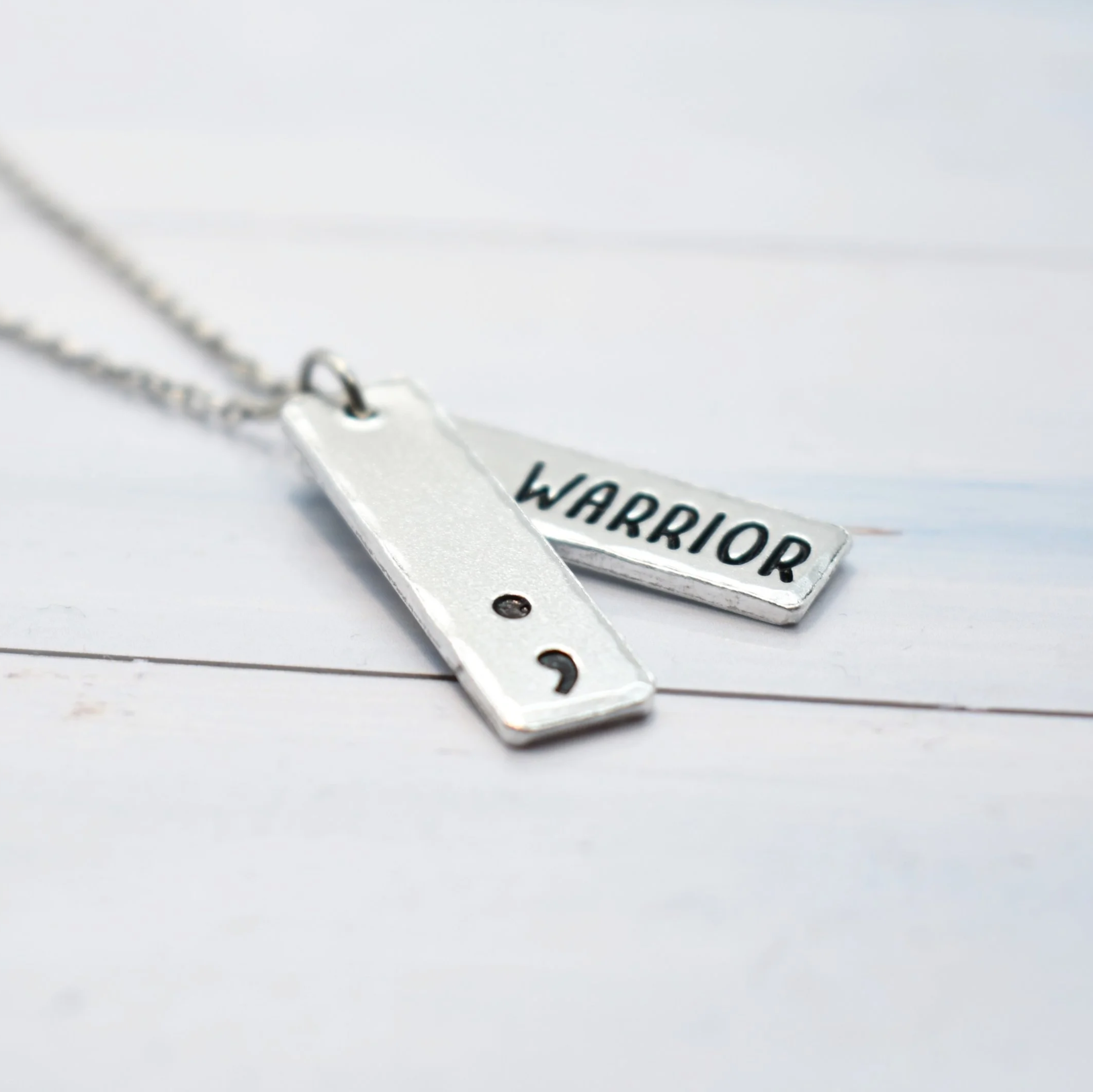 Semicolon and warrior tag necklace – handmade jewellery for strength and suicide prevention