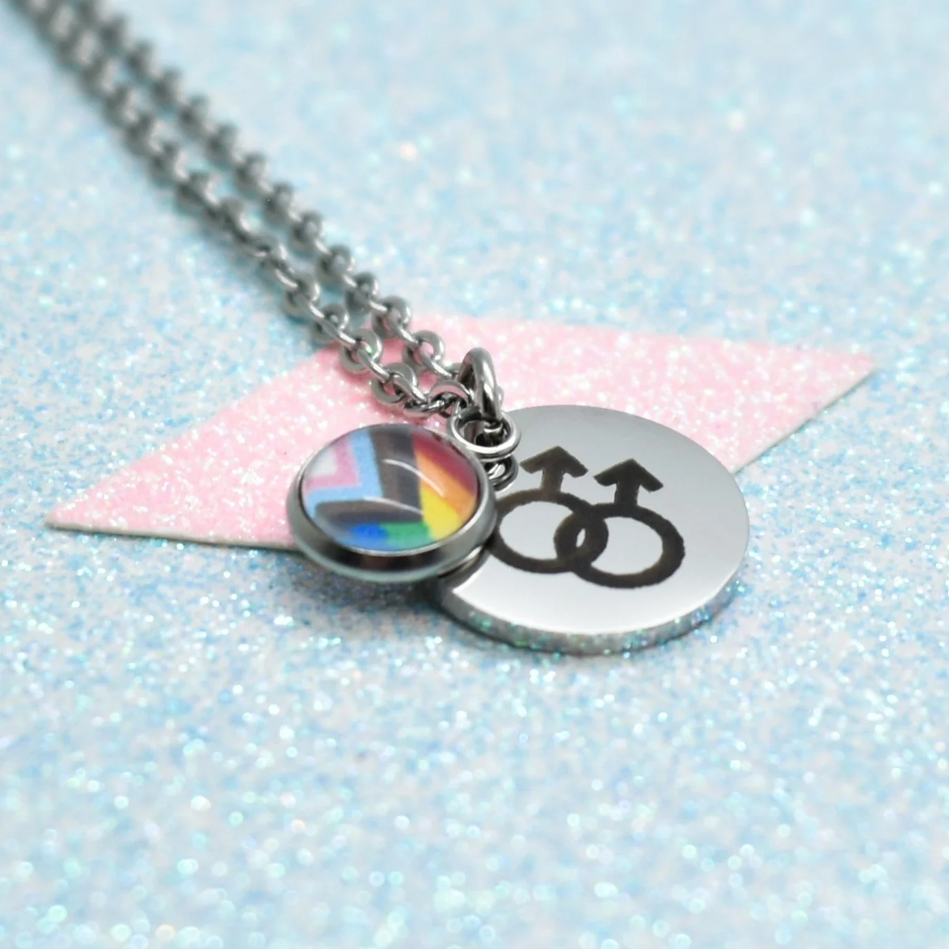 Gay pride necklace with interlinked male symbol