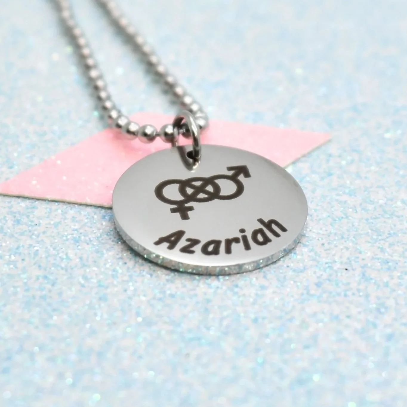 Engraved bisexual pride necklace with symbol and personalised name