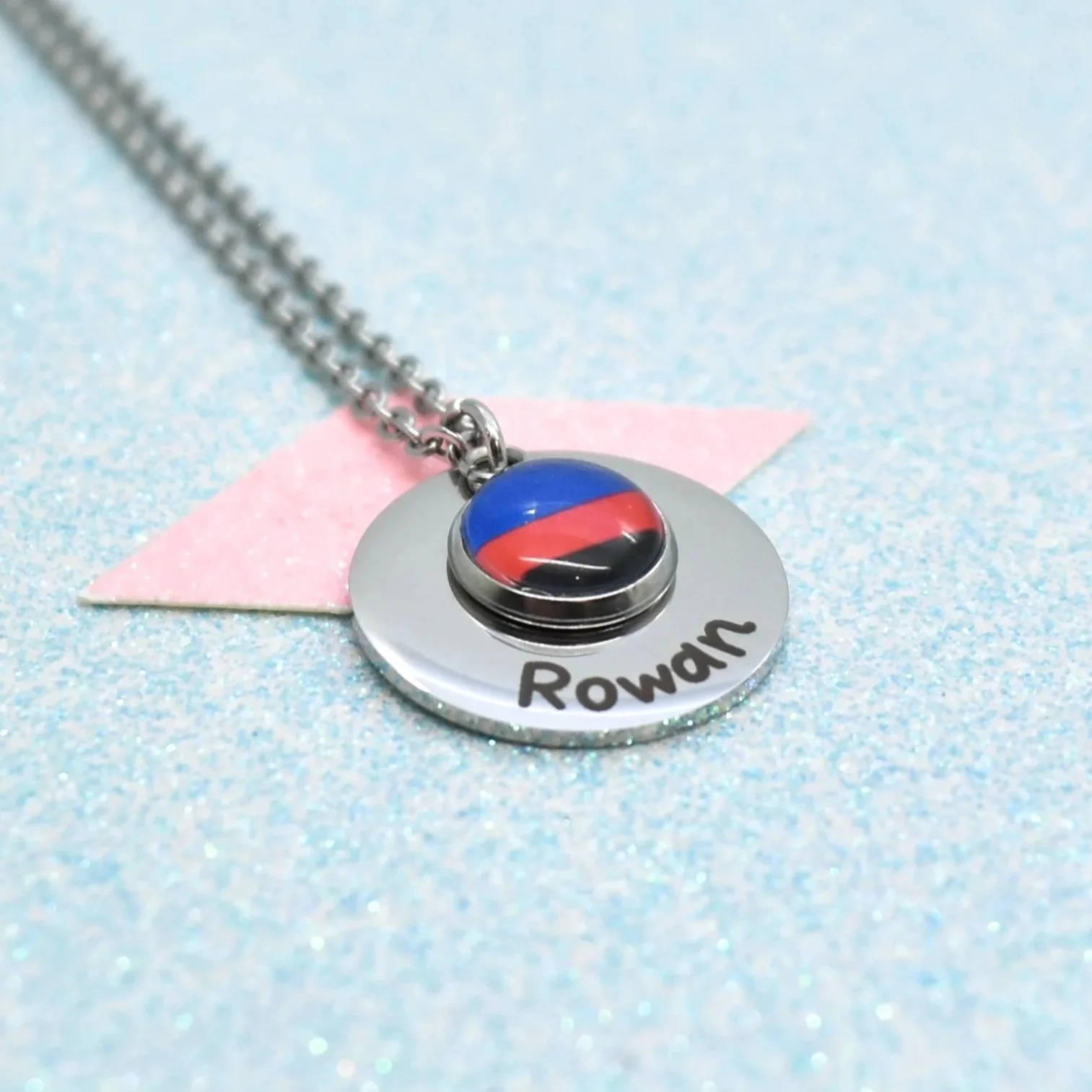 Custom name polyamory flag pendant in silver finish