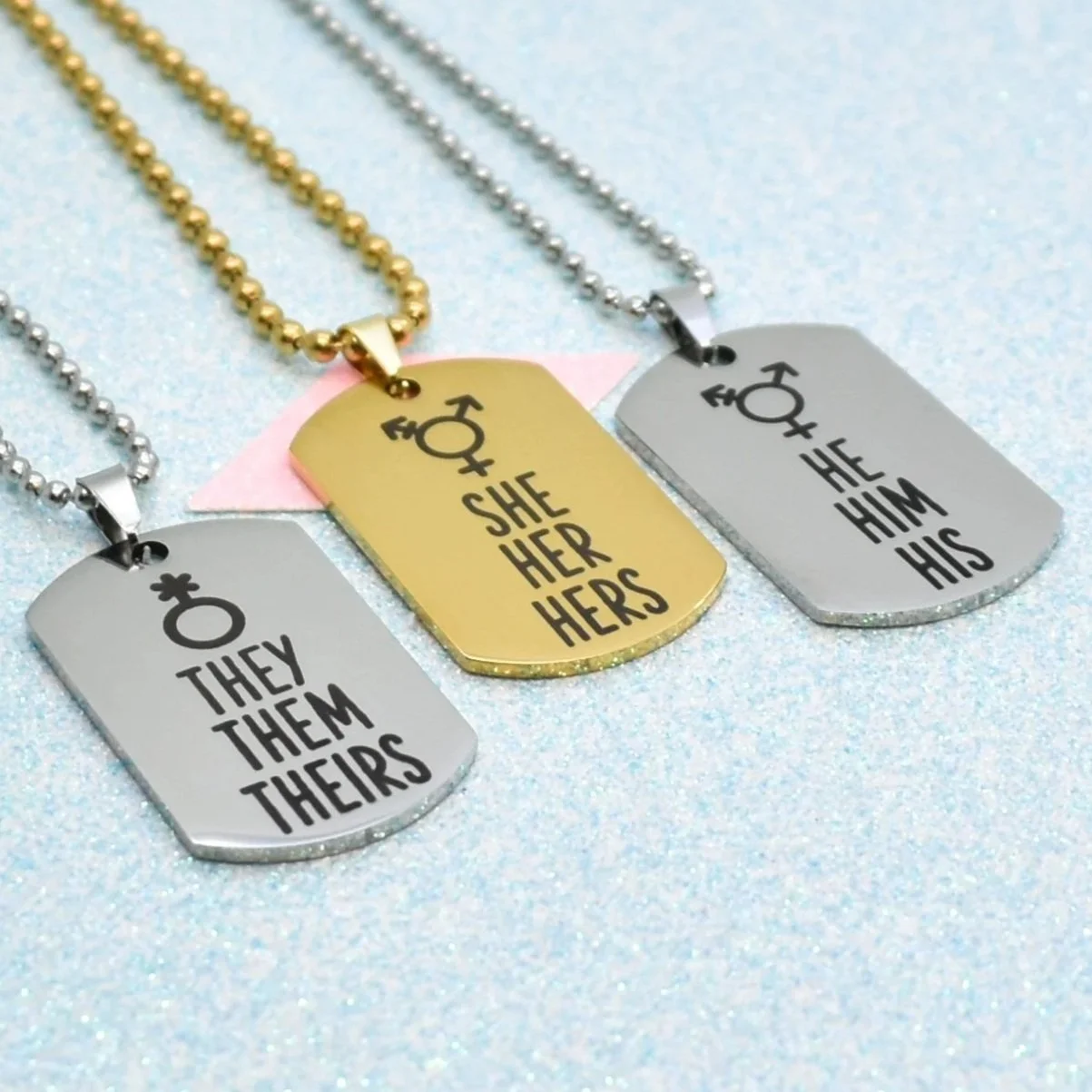 Engraved stainless steel pronoun necklaces They/Them, She/Her, He/Him
