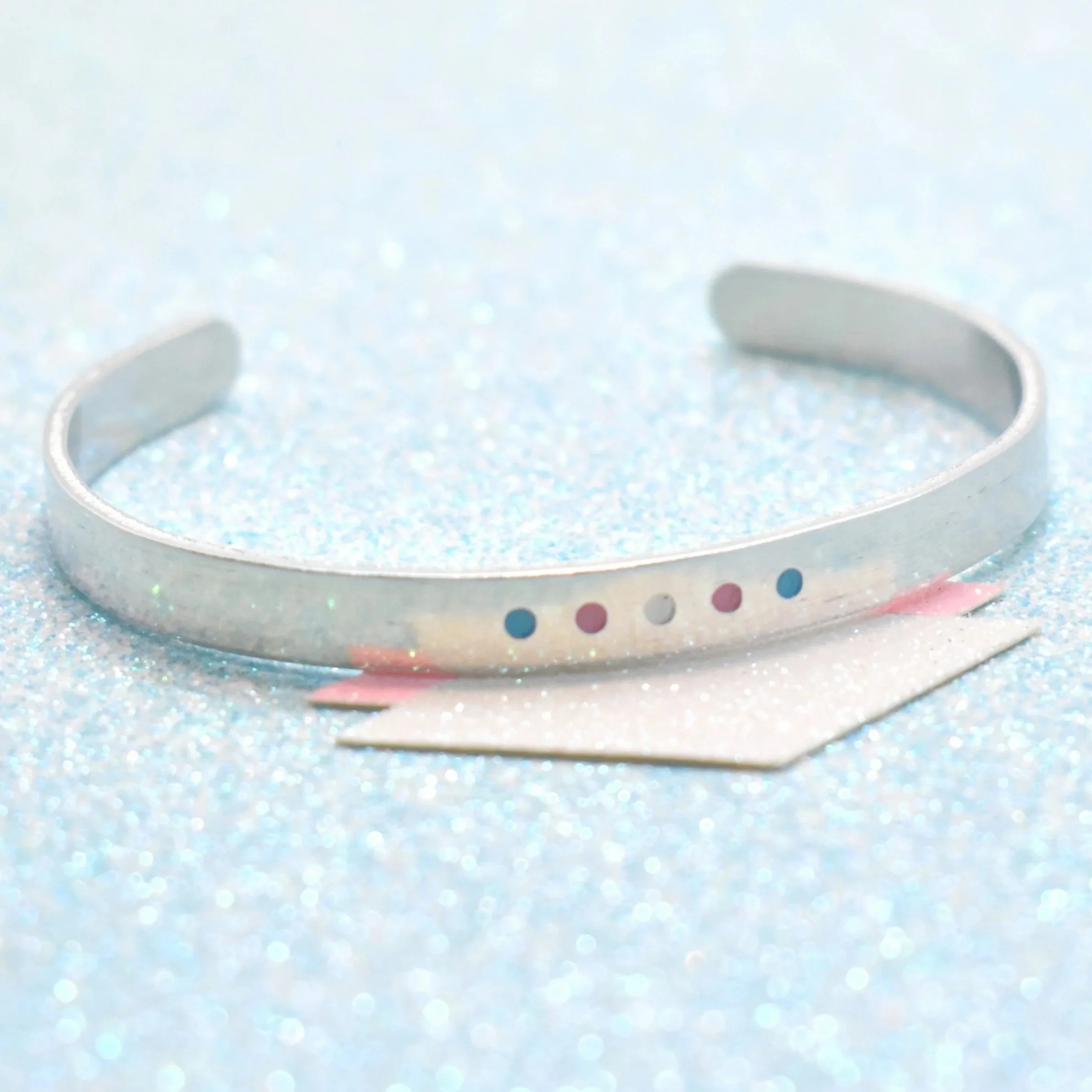 Handmade transgender pride cuff bracelet with enamel dot design