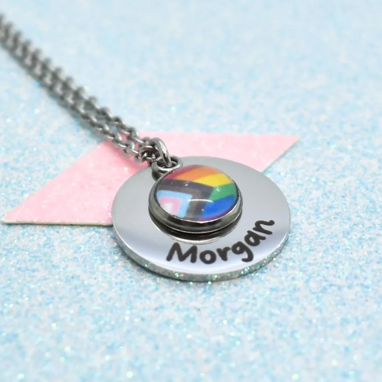 Progress Pride flag pendant in silver with custom name engraving