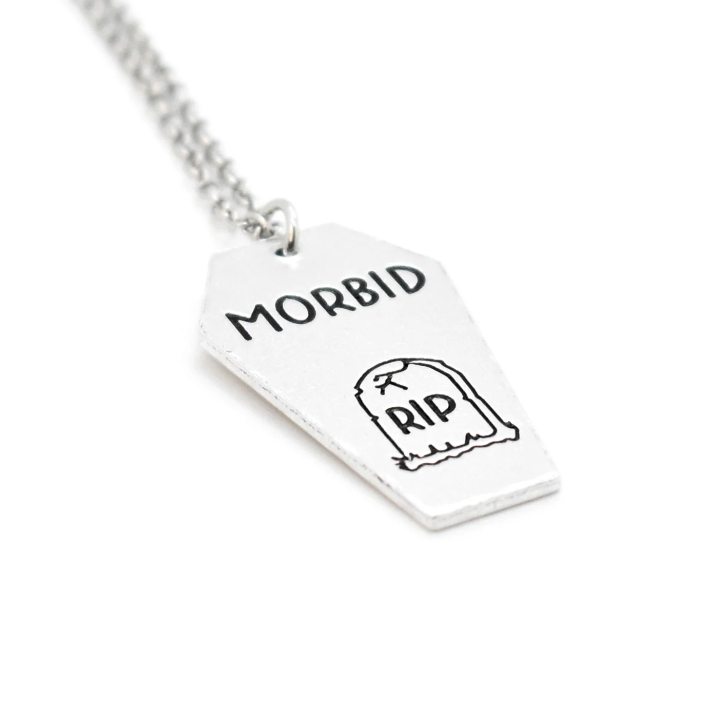coffin pendant engraved with morbid rip tombstone design
