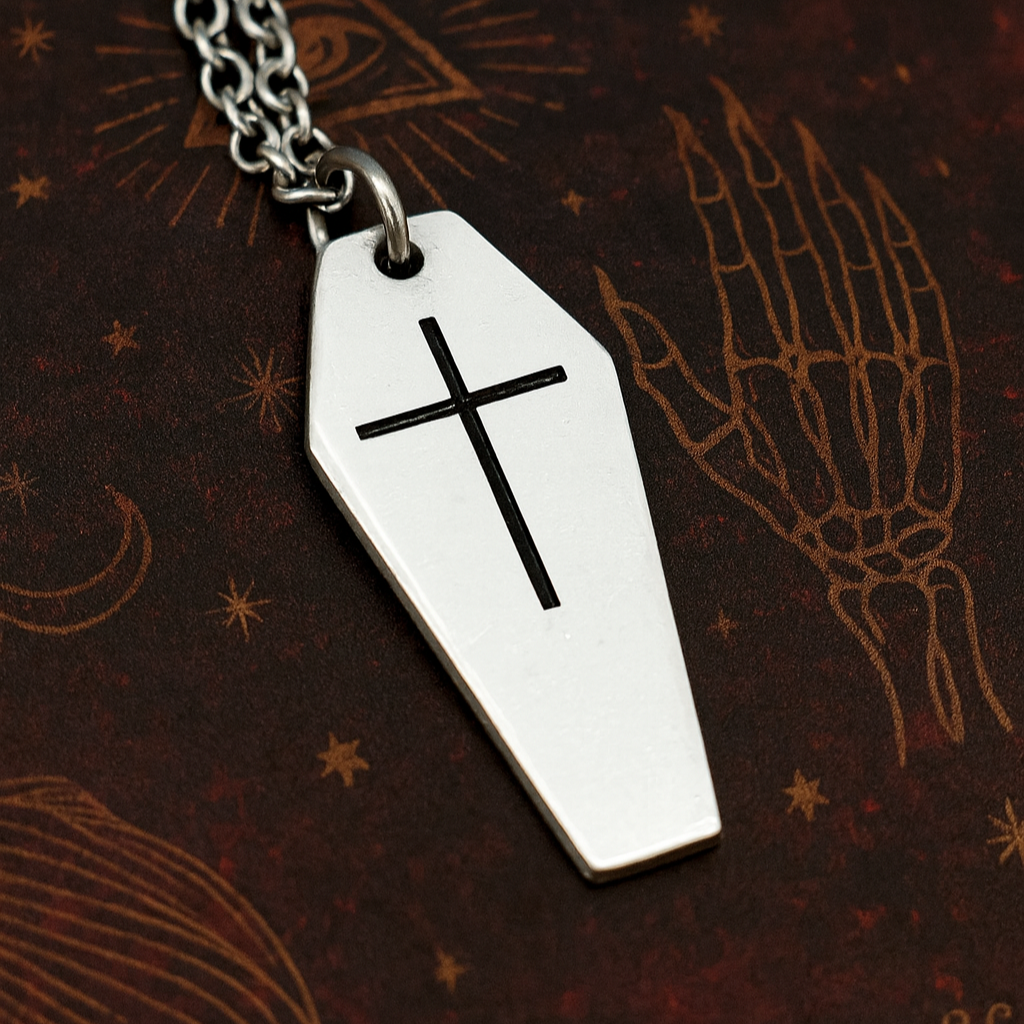 coffin necklace with engraved crucifix gothic jewellery
