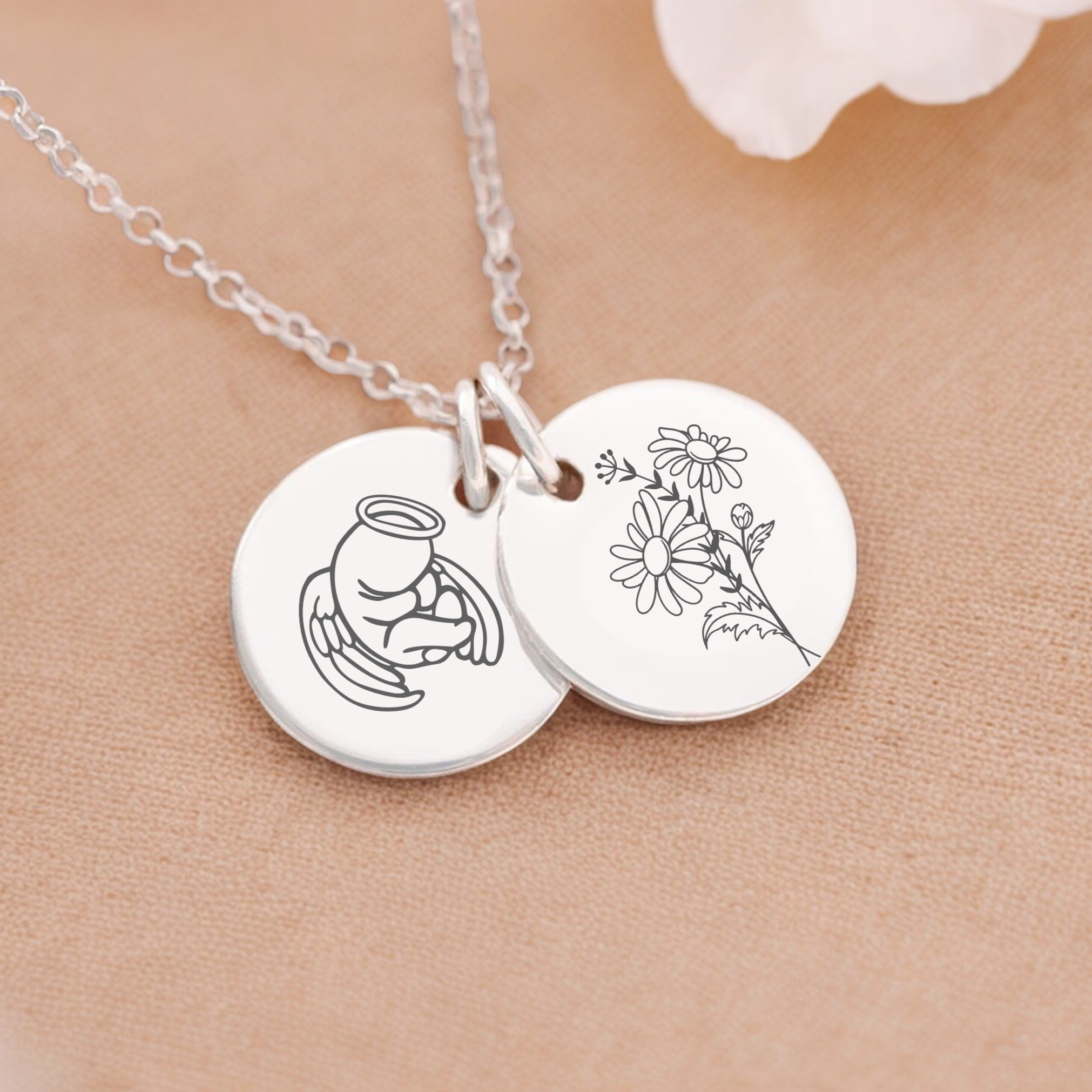 Baby loss memorial necklace featuring a birth flower in silver