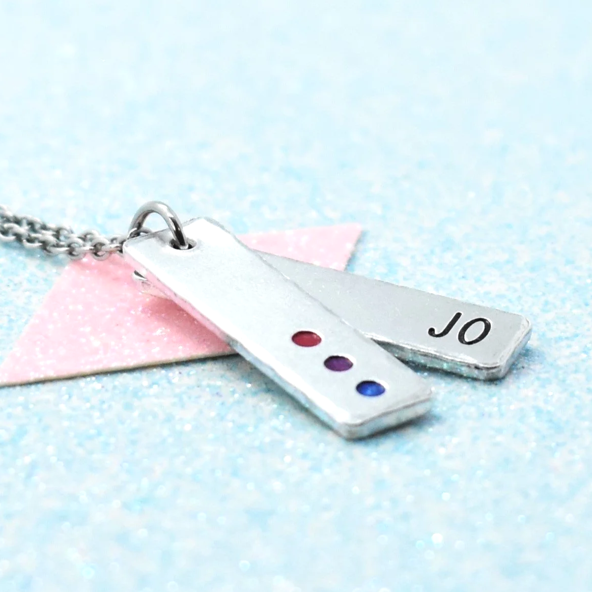 "Personalised bisexual necklace with enamel pride flag colours"