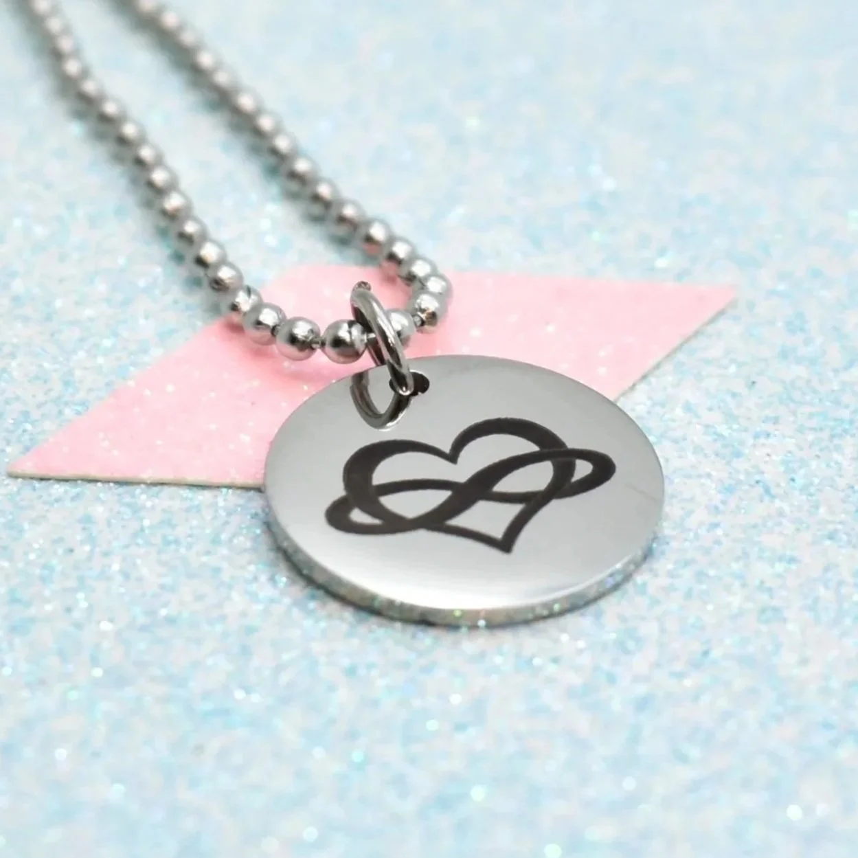 Polyamory necklace with engraved infinity heart pendant on silver chain