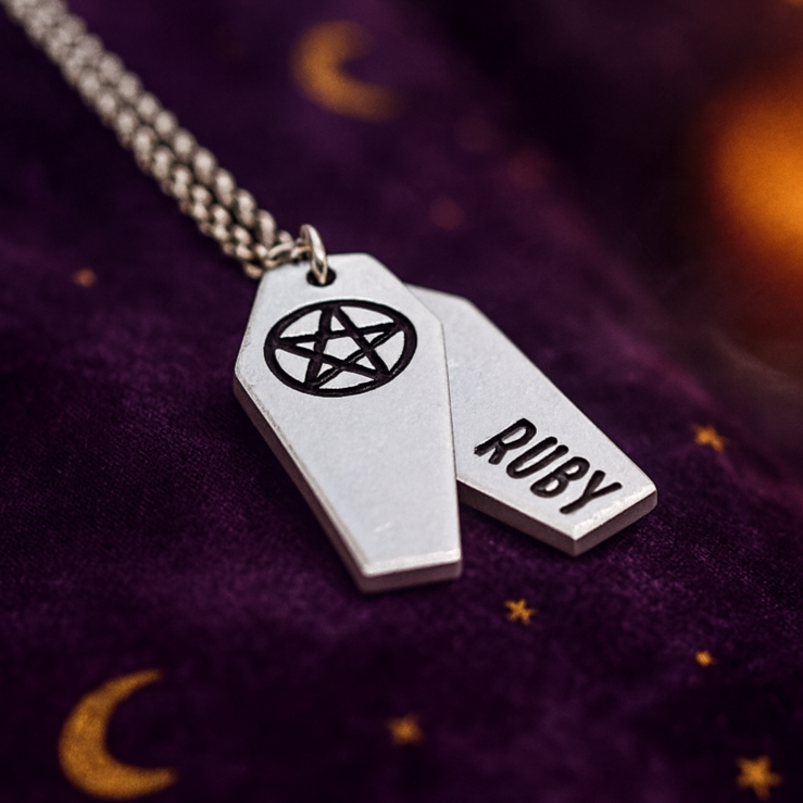 personalised pentagram coffin necklace layered gothic jewellery