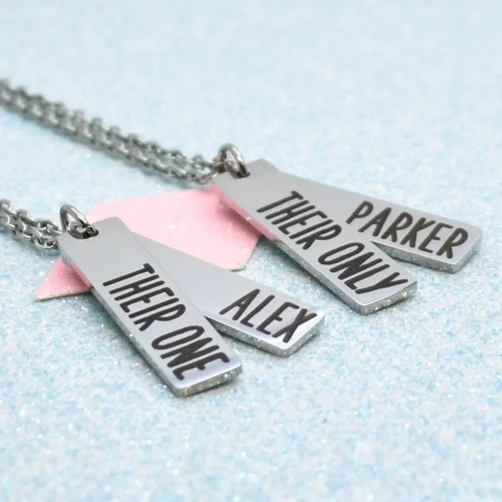 Custom engraved necklace set for non-binary couples in silver or gold finish