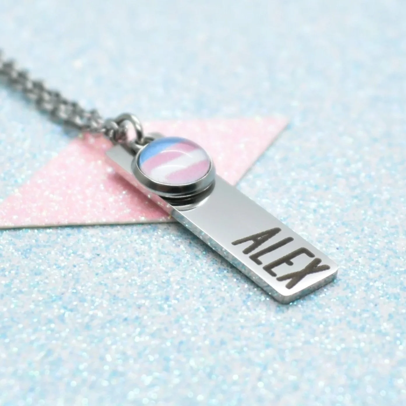 Transgender Pride bar necklace with engraved name