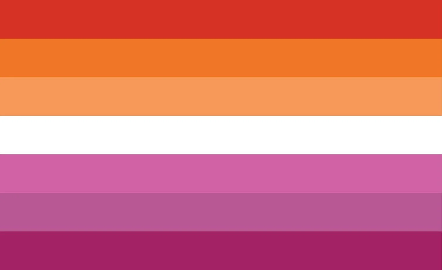 A lesbian Pride flag with pink and purple tones, featuring six stripes in shades of orange, white, pink, purple, and maroon.