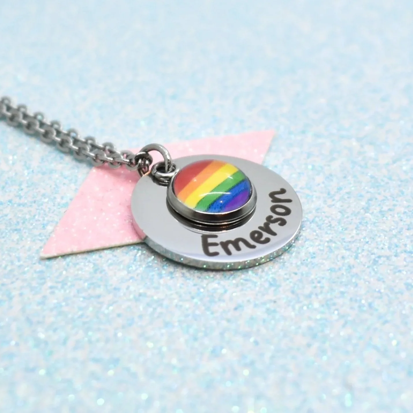 Custom name rainbow flag pendant in silver finish